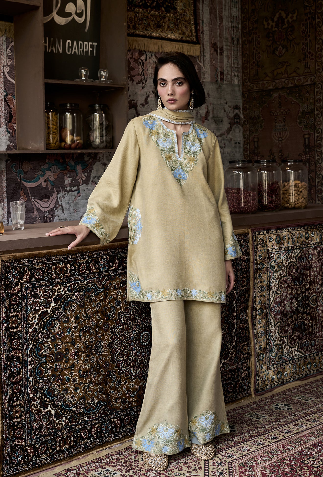 Olive Wool Aari Embroidered Coord Set with Detachable Fringe Collar