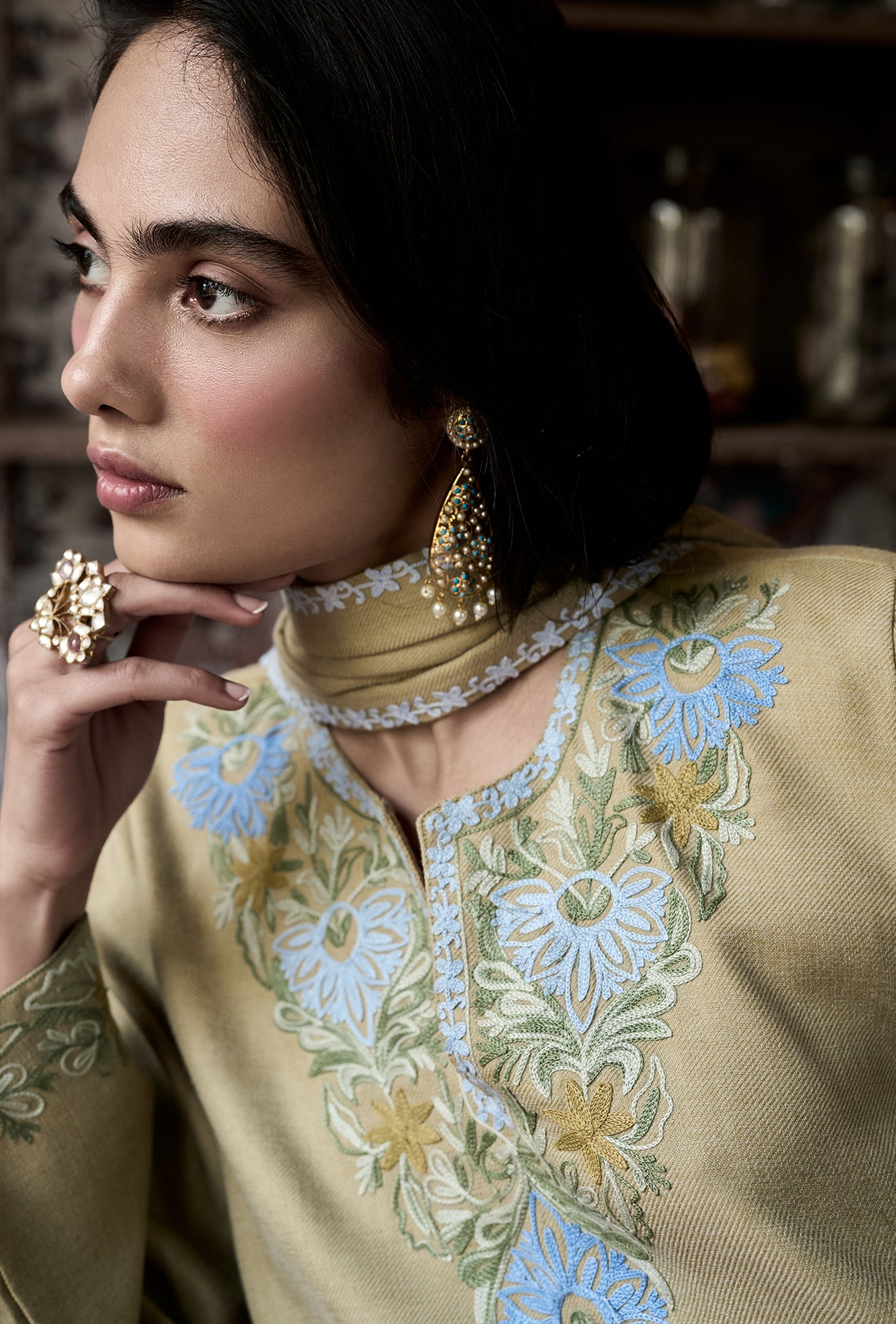 Olive Wool Aari Embroidered Coord Set with Detachable Fringe Collar