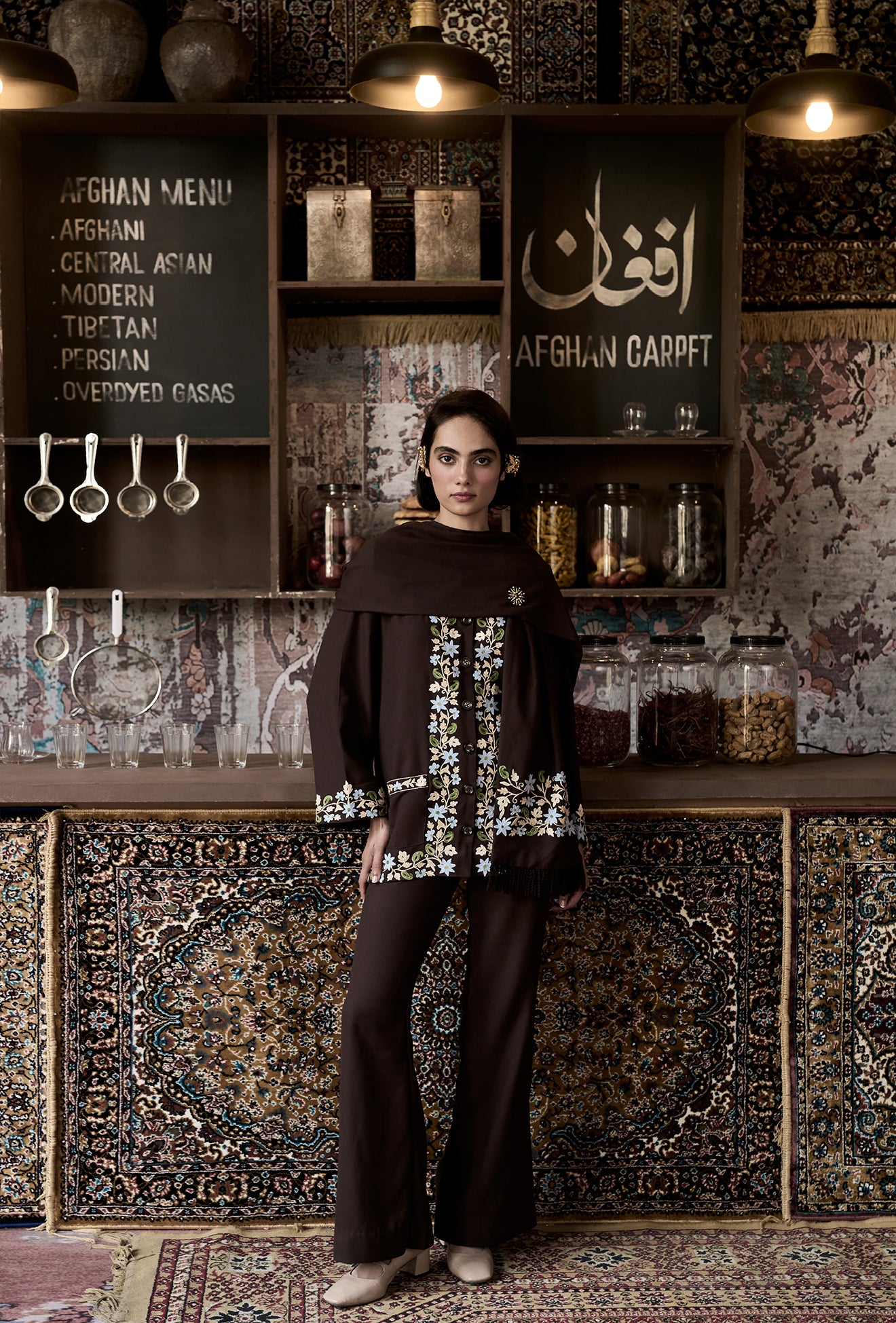⁠⁠Brown Wool Aari Embroidered Wrap Scarf Coat Coord with Flared Pants