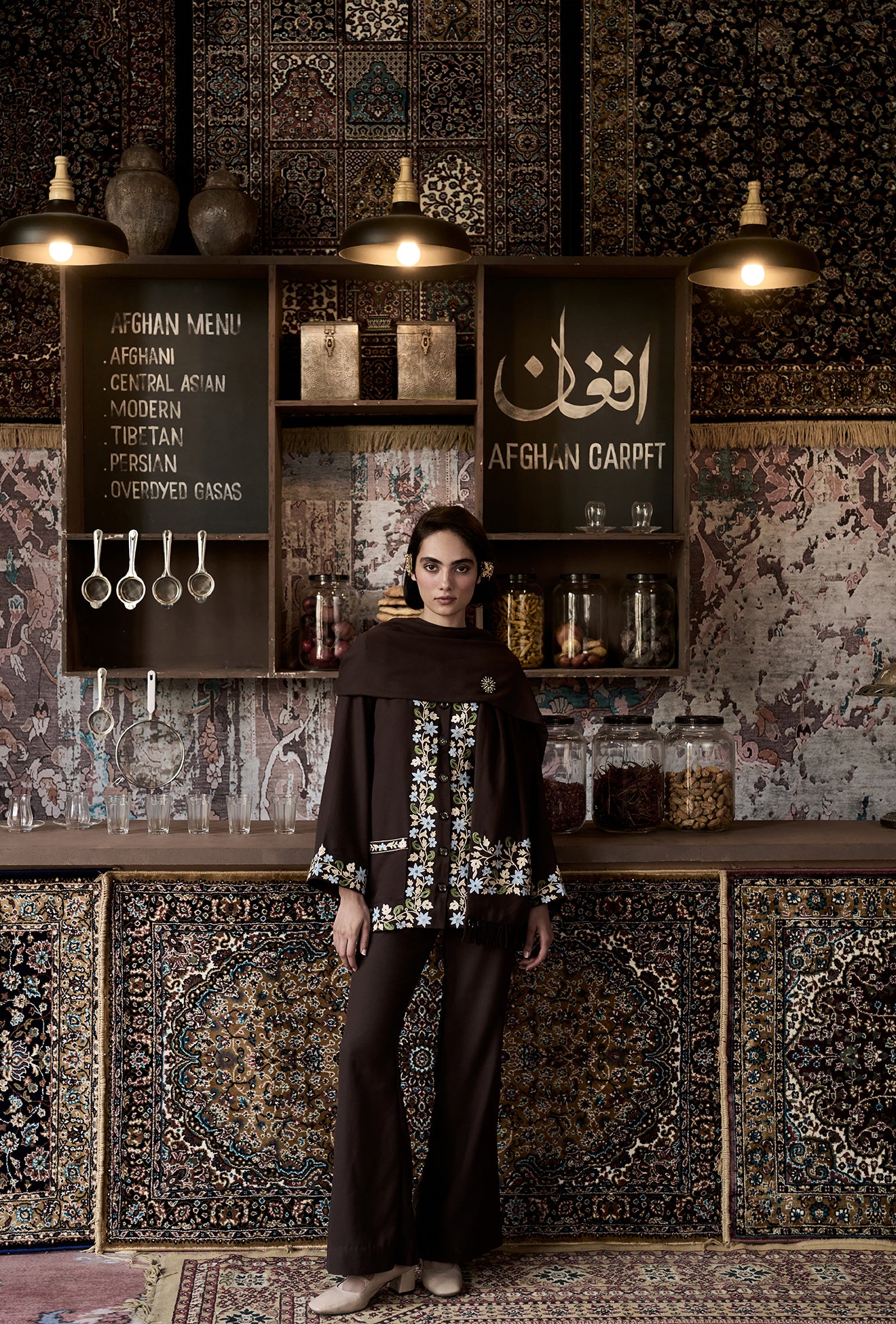 ⁠⁠Brown Wool Aari Embroidered Wrap Scarf Coat Coord with Flared Pants