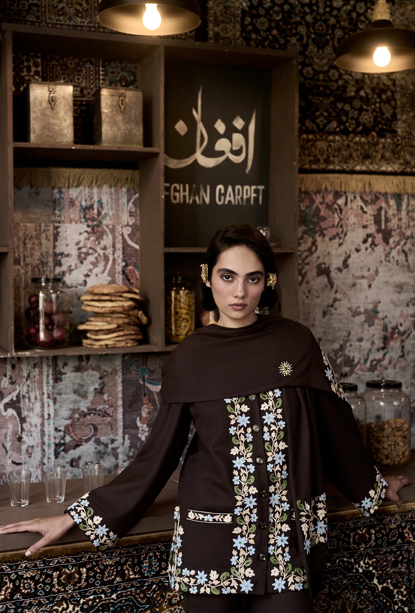 ⁠⁠Brown Wool Aari Embroidered Wrap Scarf Coat Coord with Flared Pants