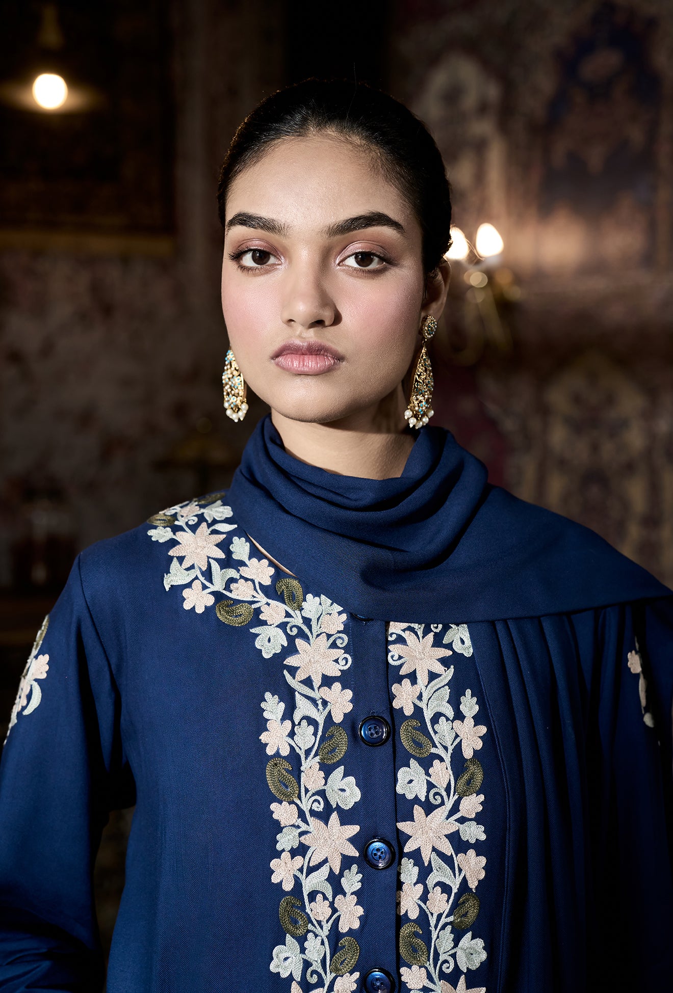 ⁠⁠Blue Wool Aari Embroidered Wrap Scarf Coat Coord with Flared Pants