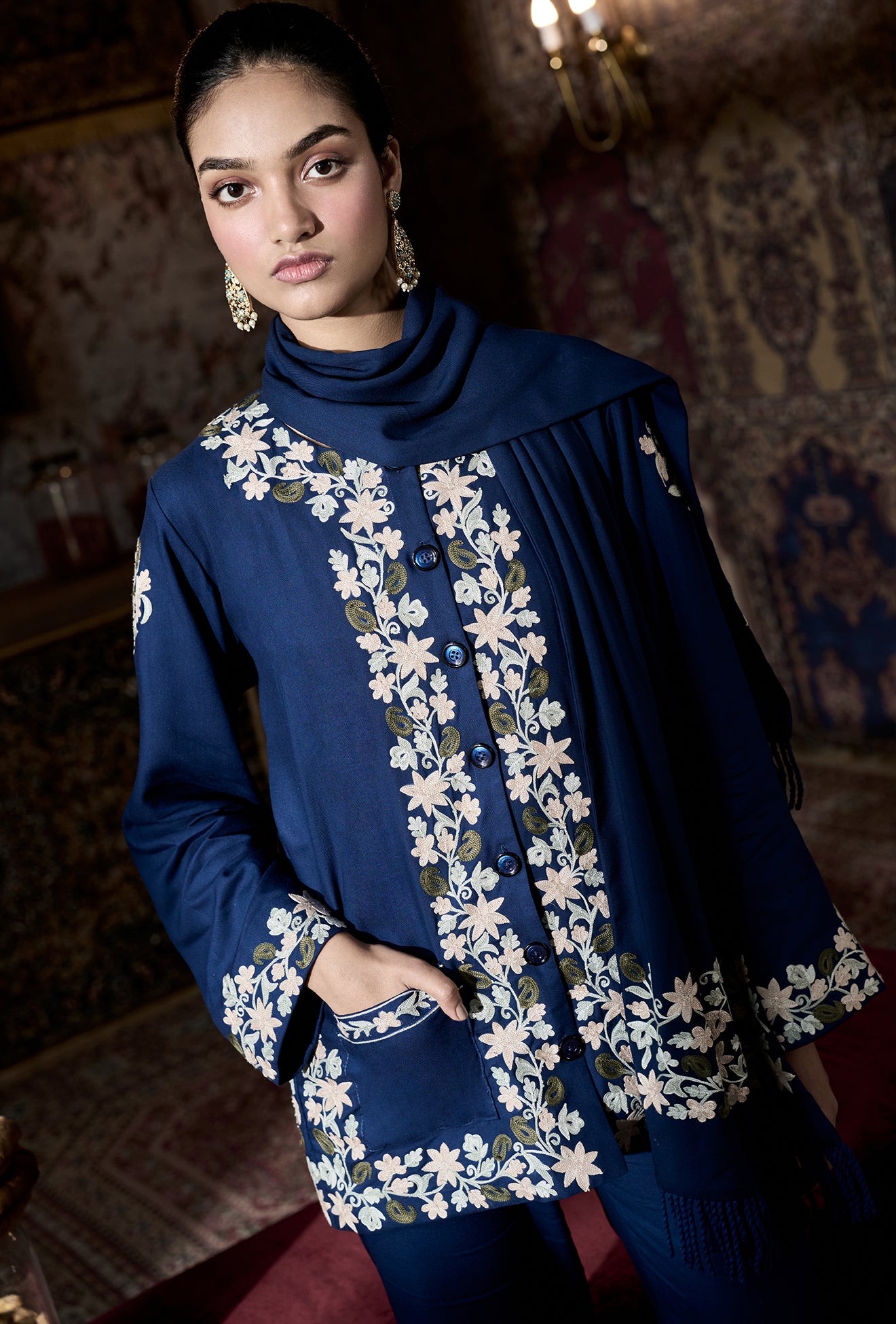 ⁠⁠Blue Wool Aari Embroidered Wrap Scarf Coat Coord with Flared Pants