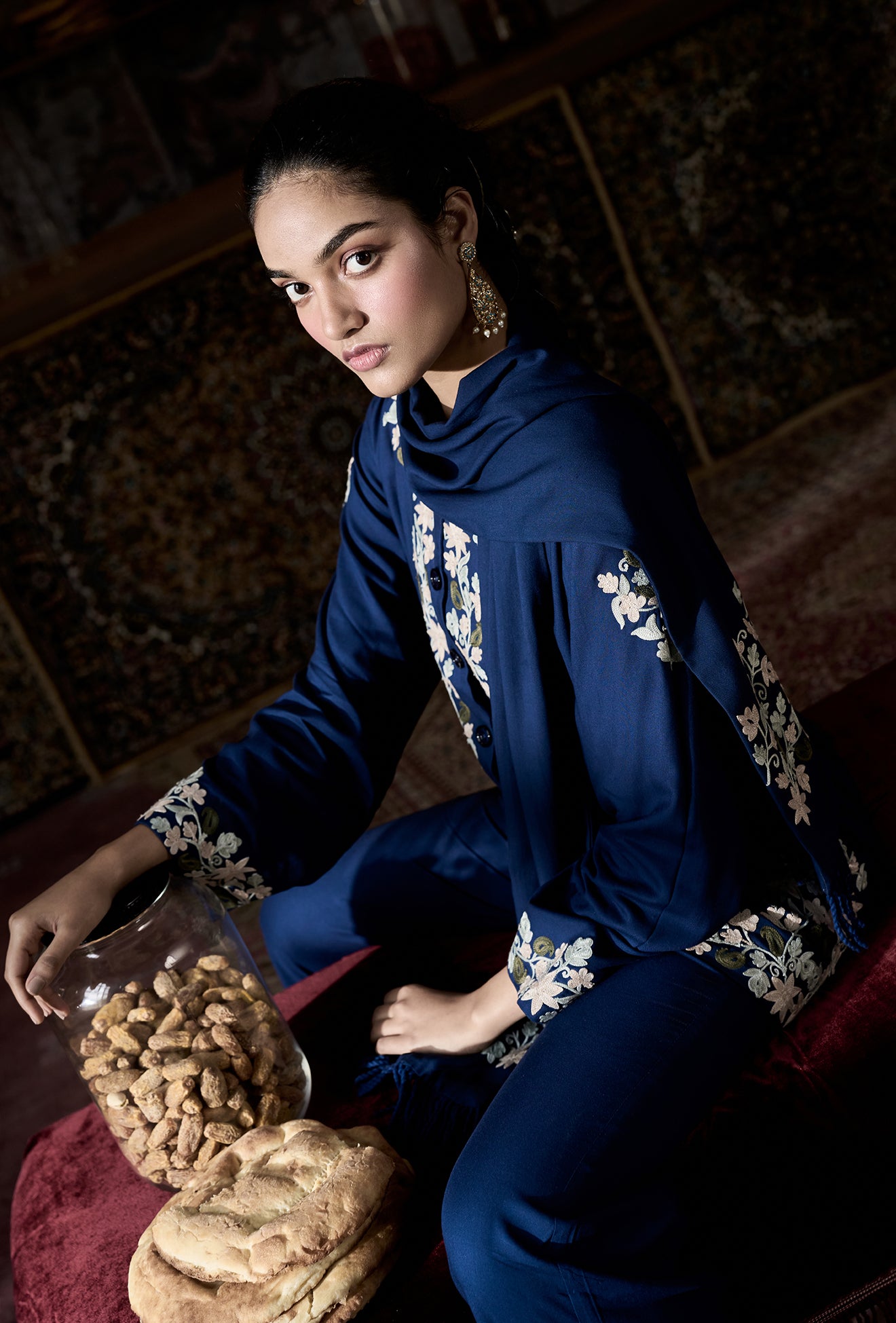 ⁠⁠Blue Wool Aari Embroidered Wrap Scarf Coat Coord with Flared Pants