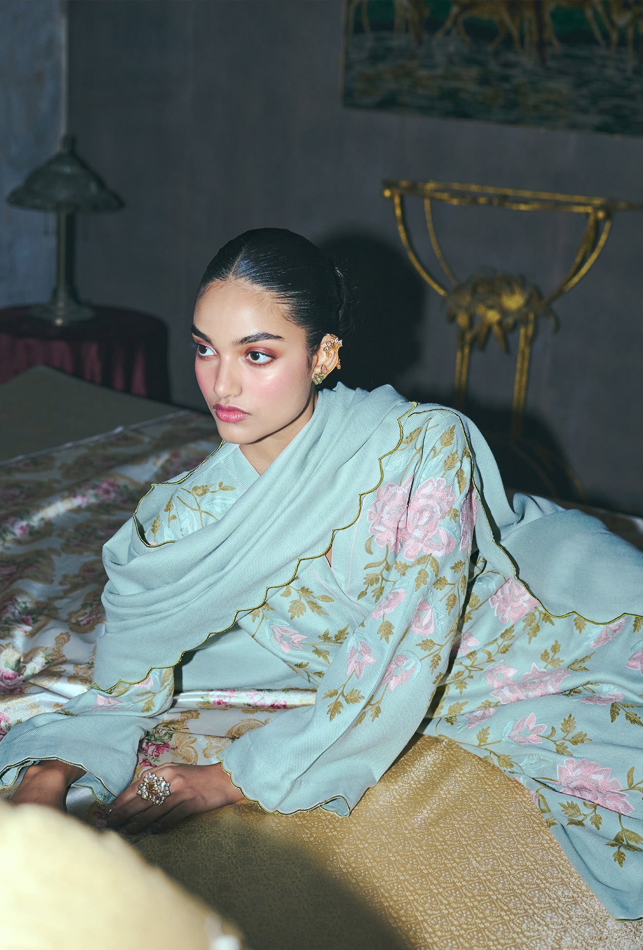 Cloud Blue Aari Embroidered Kurta Set with Straight Pants & Embroidered Dupatta