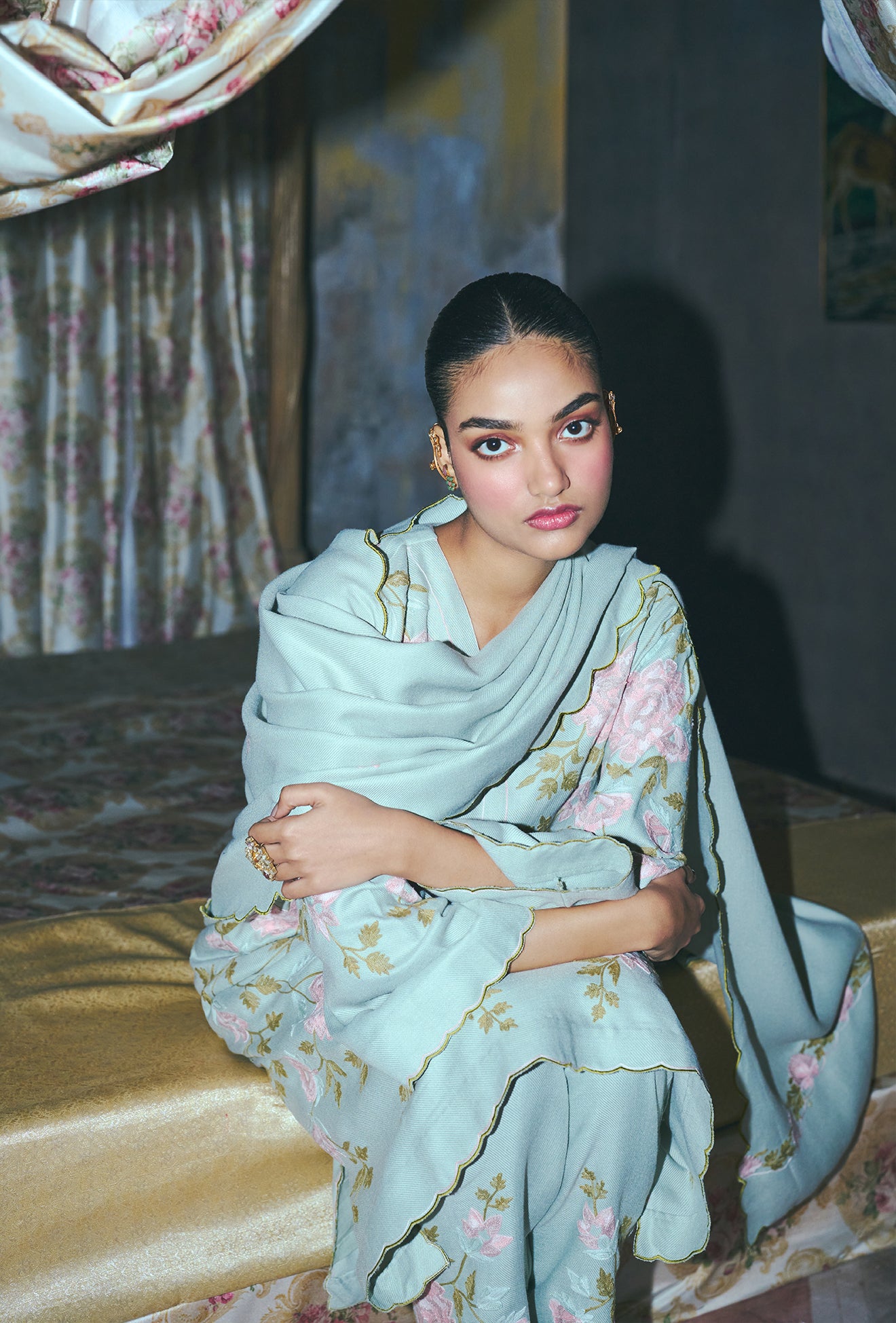 Cloud Blue Aari Embroidered Kurta Set with Straight Pants & Embroidered Dupatta