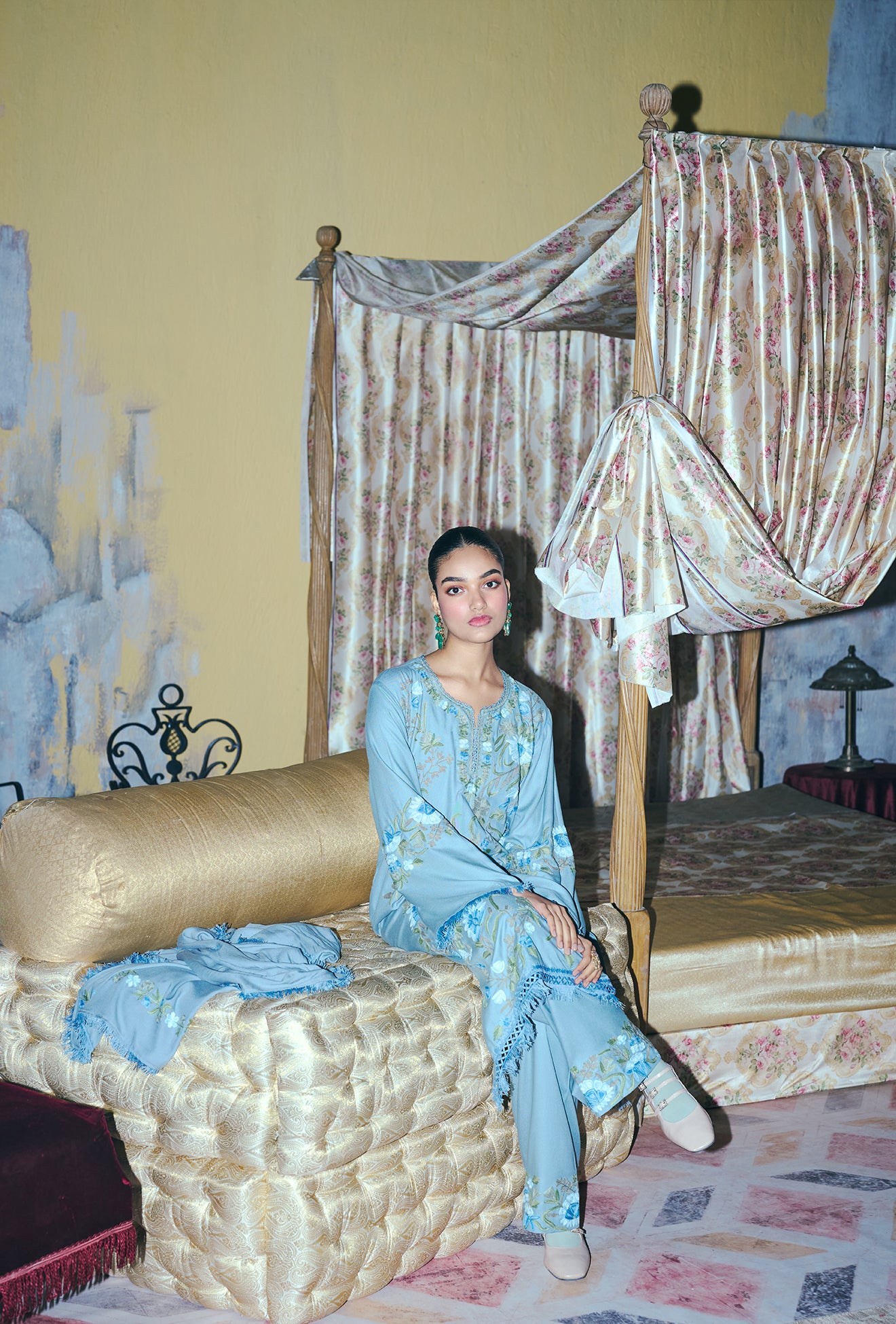 ⁠⁠Cloud Blue Wool Aari Embroidered Pheran Set with Salwar Pants & Embroidered Stole