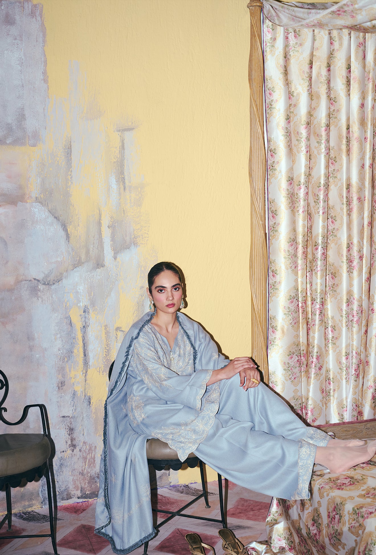 ⁠⁠Cloud Blue Aari Embroidered Short Pheran Set with Farshi Salwar And Embroidered Stole