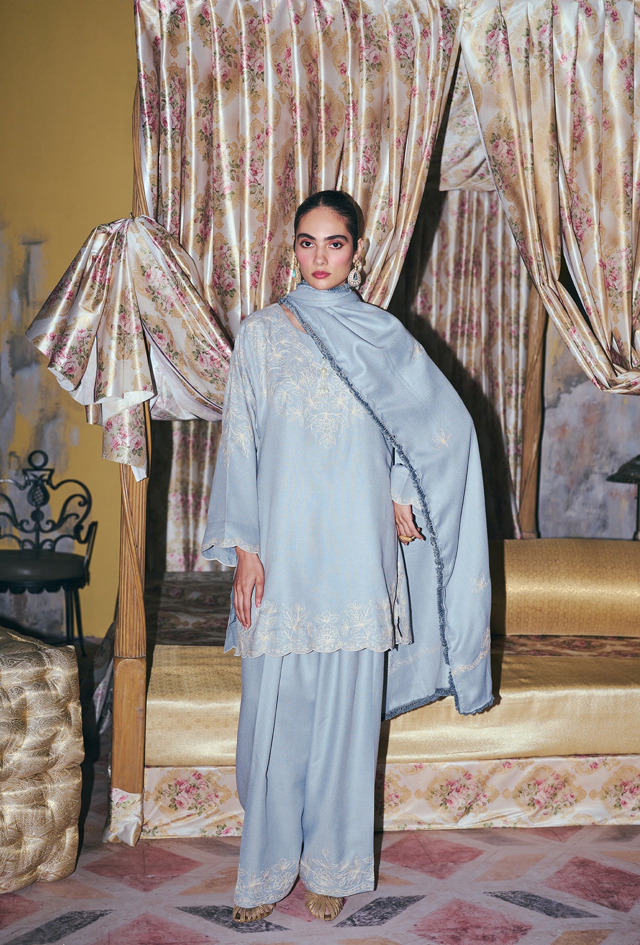 ⁠⁠Cloud Blue Aari Embroidered Short Pheran Set with Farshi Salwar And Embroidered Stole