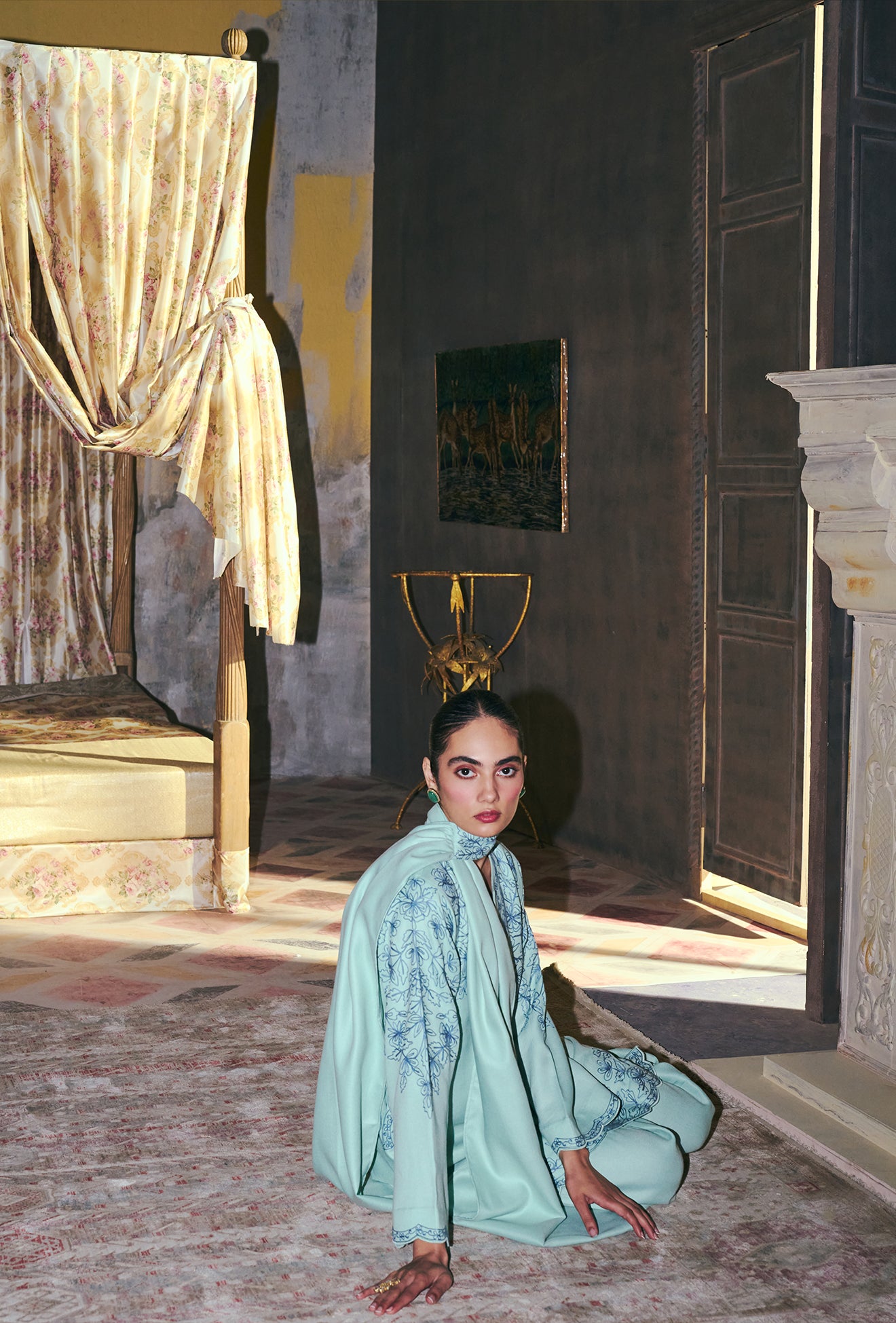 Mint Green Wool Aari Embroidered Short Pheran Set with Harem Pants & Embroidered Pleat Stole