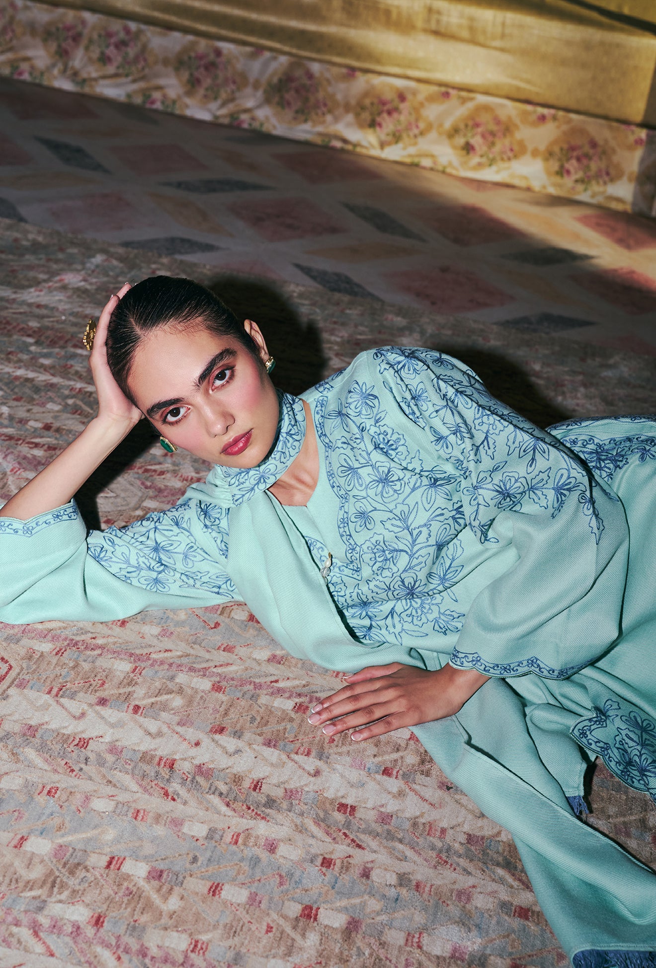 Mint Green Wool Aari Embroidered Short Pheran Set with Harem Pants & Embroidered Pleat Stole