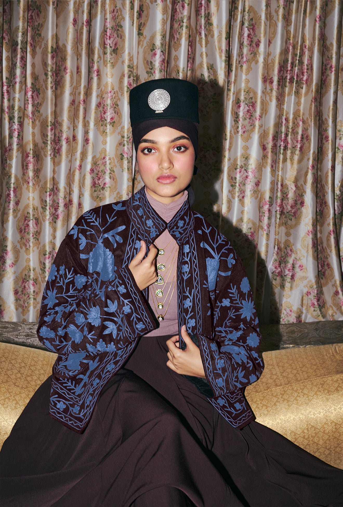 Coffee Brown Aari Embroidered Velvet Jacket