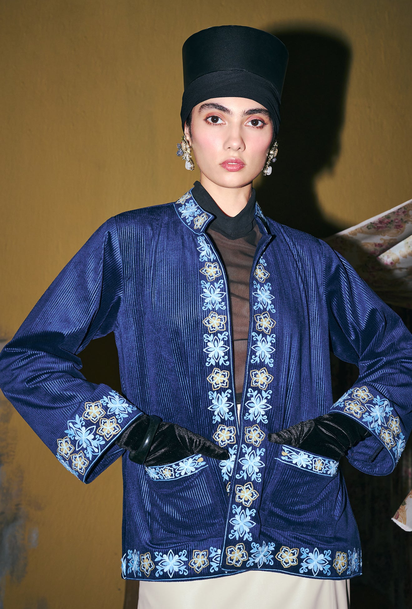 ⁠⁠ Blue Aari Embroidered Velvet Jacket