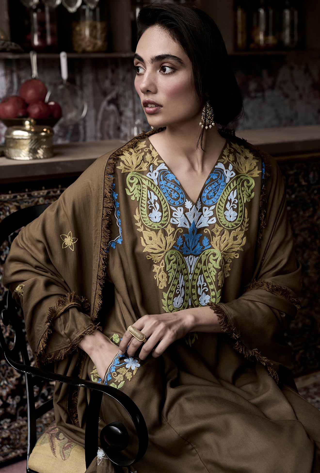 ⁠⁠Brown Wool Aari Embroidered Kalidaar Pheran Set with Salwar Pants & Embroidered Woollen Stole