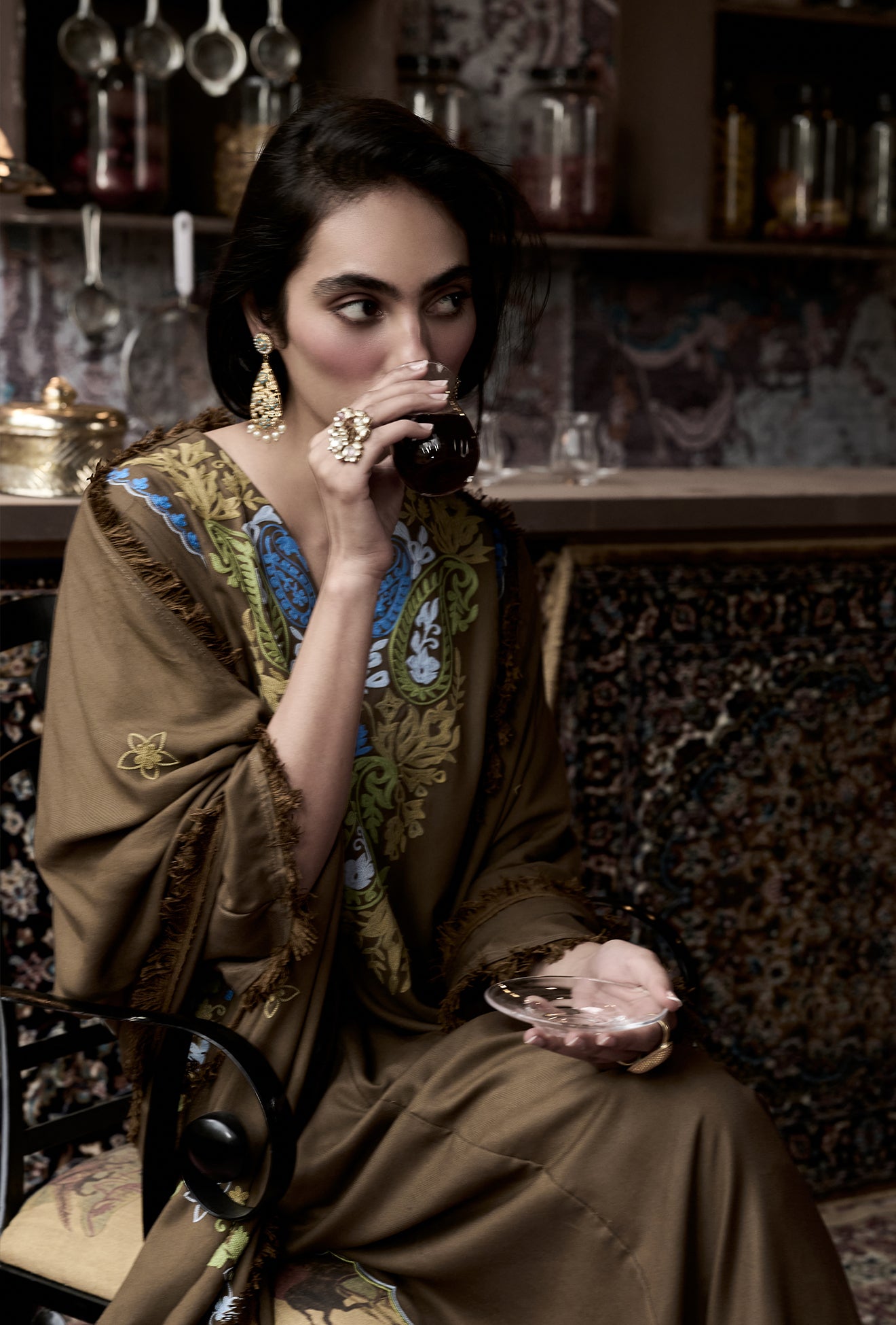 ⁠⁠Brown Wool Aari Embroidered Kalidaar Pheran Set with Salwar Pants & Embroidered Woollen Stole