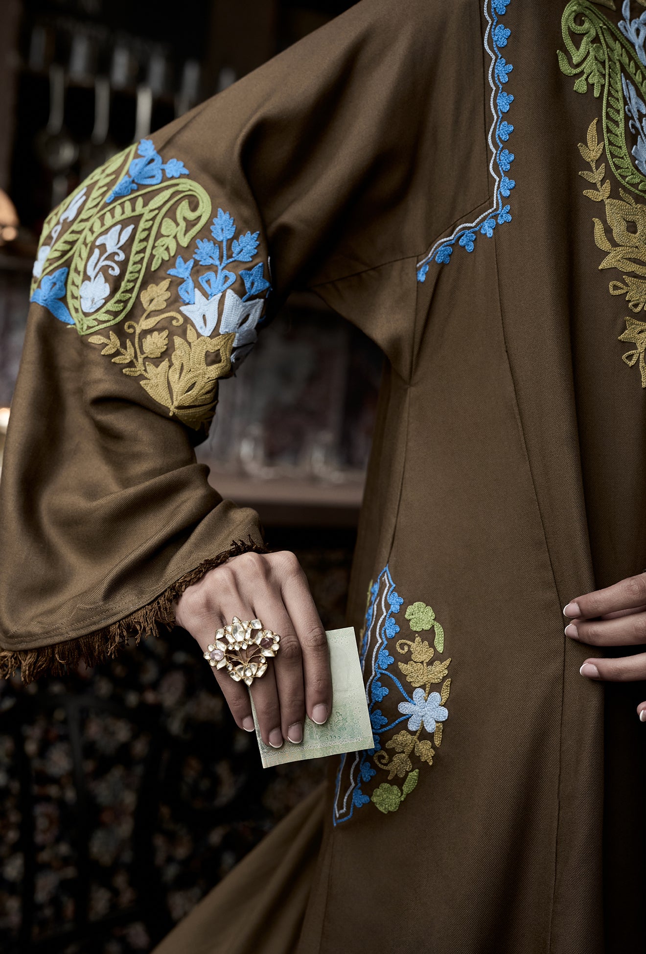 ⁠⁠Brown Wool Aari Embroidered Kalidaar Pheran Set with Salwar Pants & Embroidered Woollen Stole