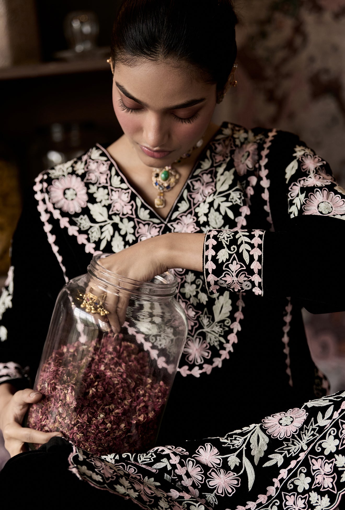 ⁠⁠Black Velvet Aari Embroidered Kalidaar Pheran Set with Salwar Pants & Embroidered Dupatta