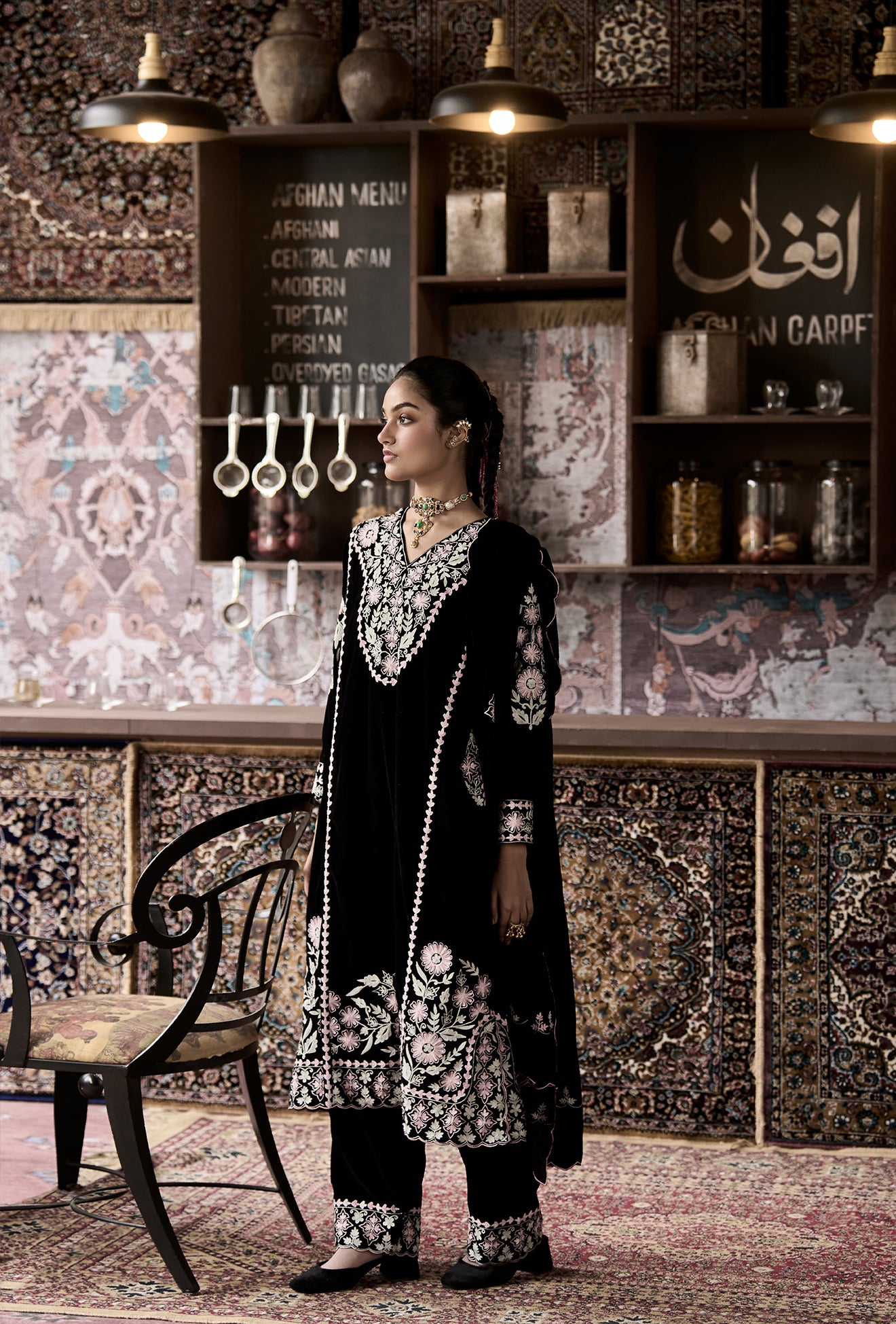 ⁠⁠Black Velvet Aari Embroidered Kalidaar Pheran Set with Salwar Pants & Embroidered Dupatta