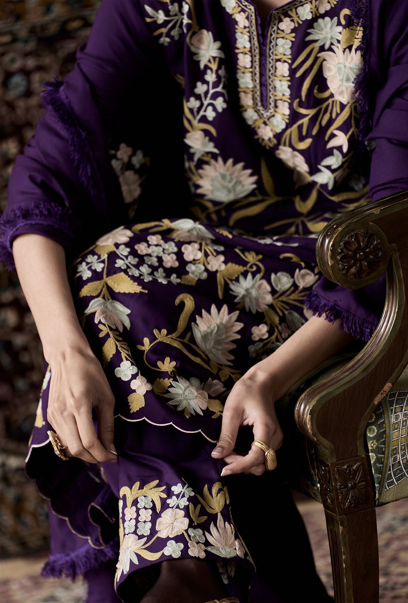 Purple Wool Aari Embroidered Kurta Set with Straight Pants & Embroidered Dupatta