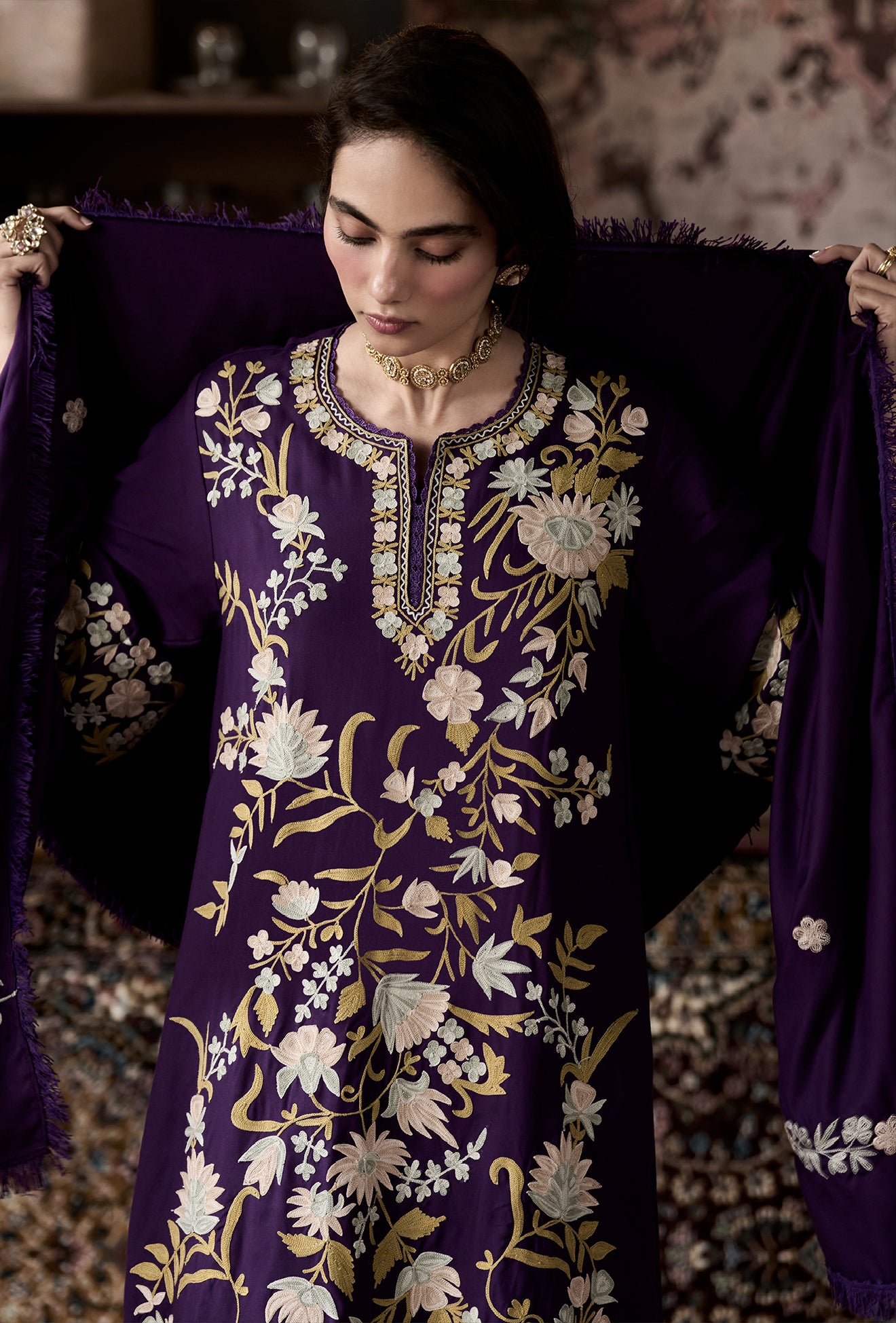 Purple Wool Aari Embroidered Kurta Set with Straight Pants & Embroidered Dupatta