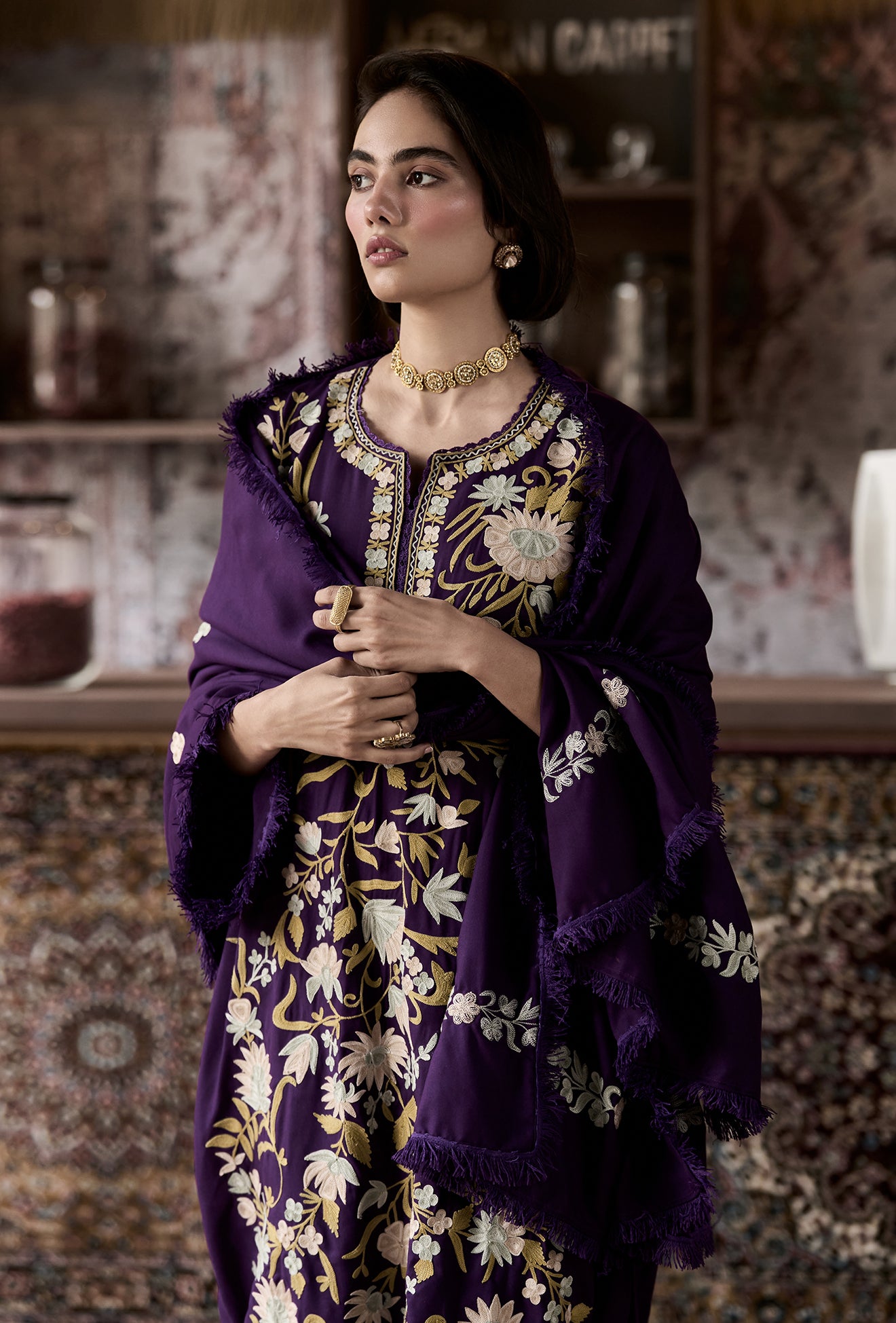 Purple Wool Aari Embroidered Kurta Set with Straight Pants & Embroidered Dupatta