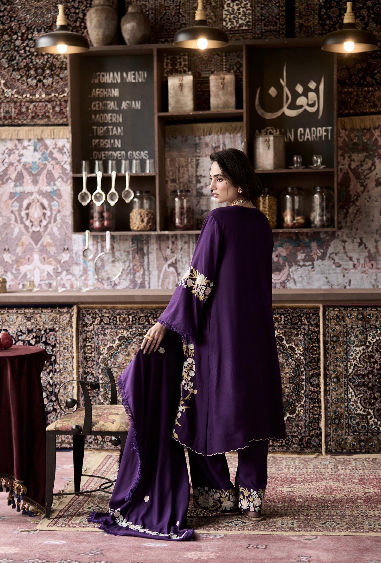 Purple Wool Aari Embroidered Kurta Set with Straight Pants & Embroidered Dupatta