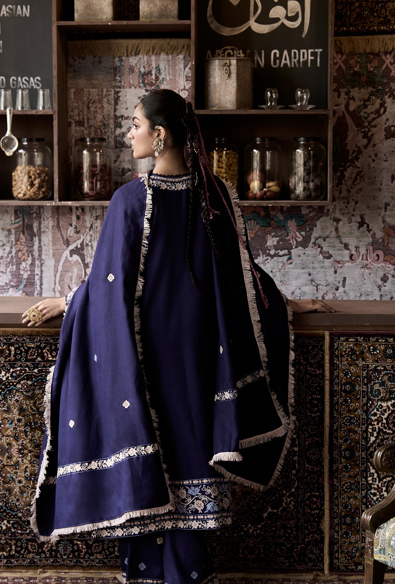 Royal Blue Wool Aari Embroidered Kalidaar Pheran Set with Flared Pants & Embroidered Stole
