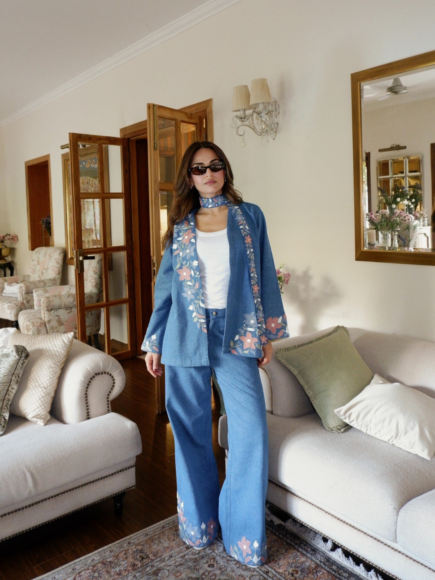 Aari Embroidered Denim Kimono Set