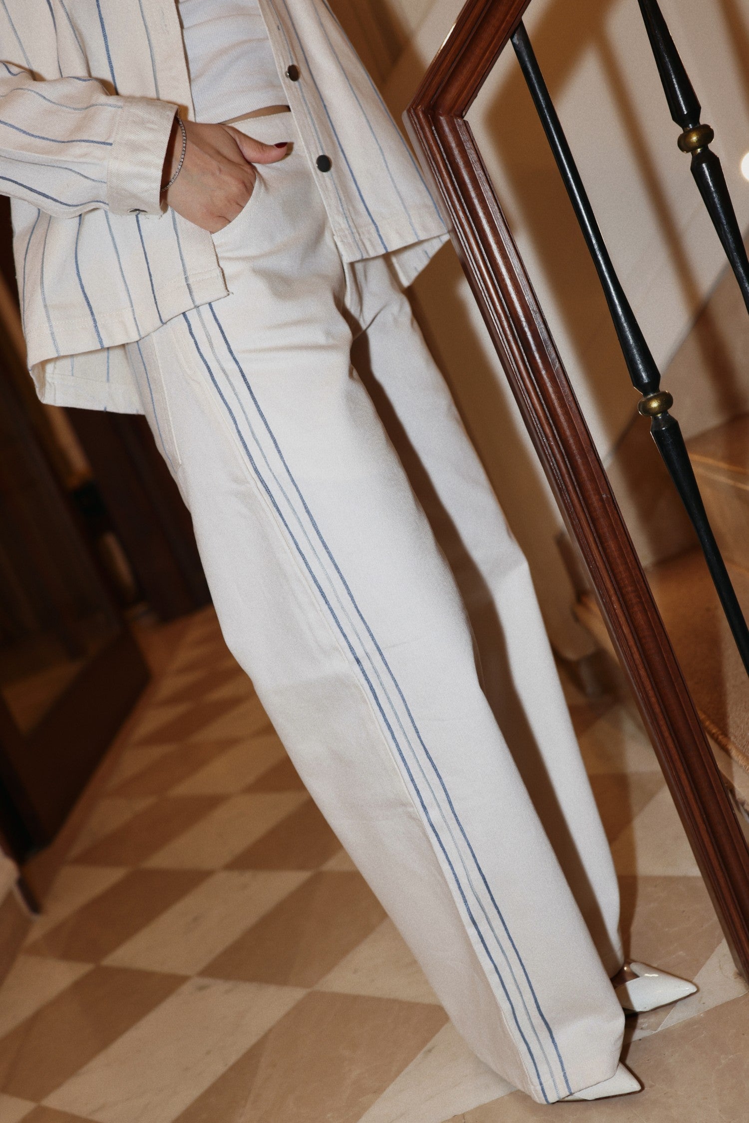 Aari Embroidered Striped Denim Jacket Set