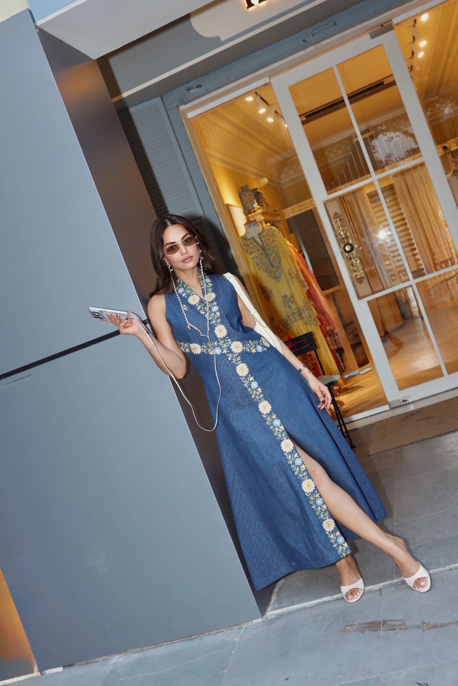 Aari Embroidered Denim Maxi