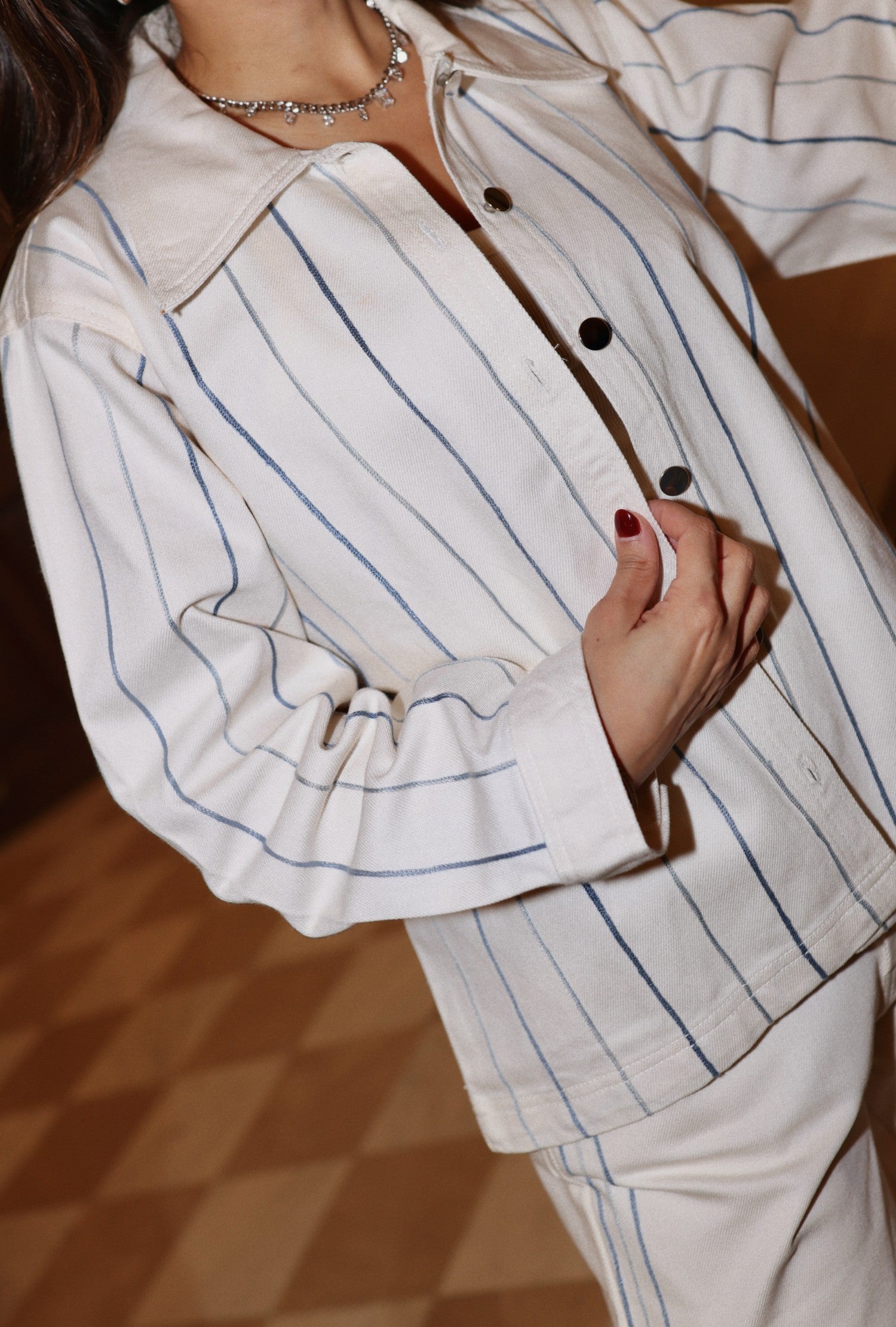 Aari Embroidered Striped Denim Jacket Set