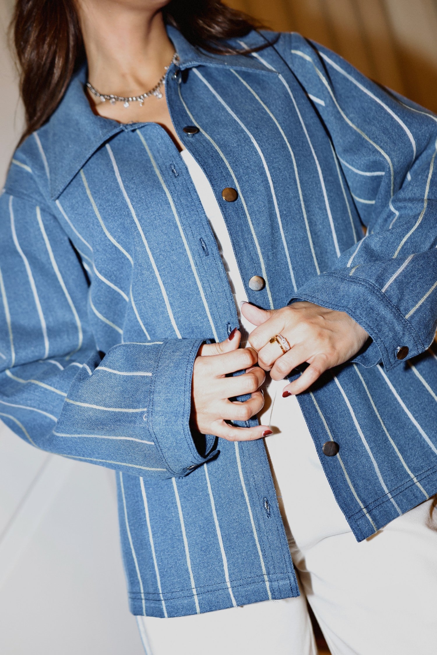 Aari Embroidered White Stripe Denim Jacket Set