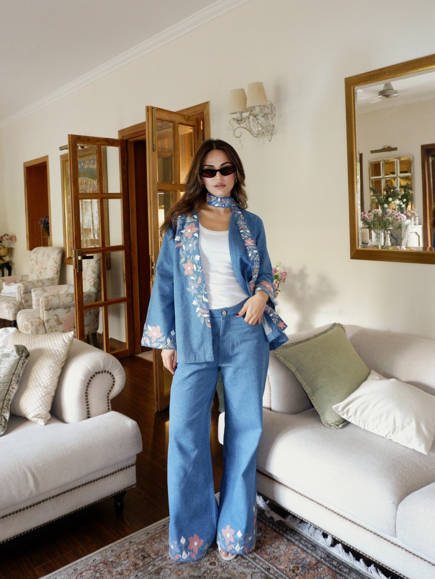 Aari Embroidered Denim Kimono Set