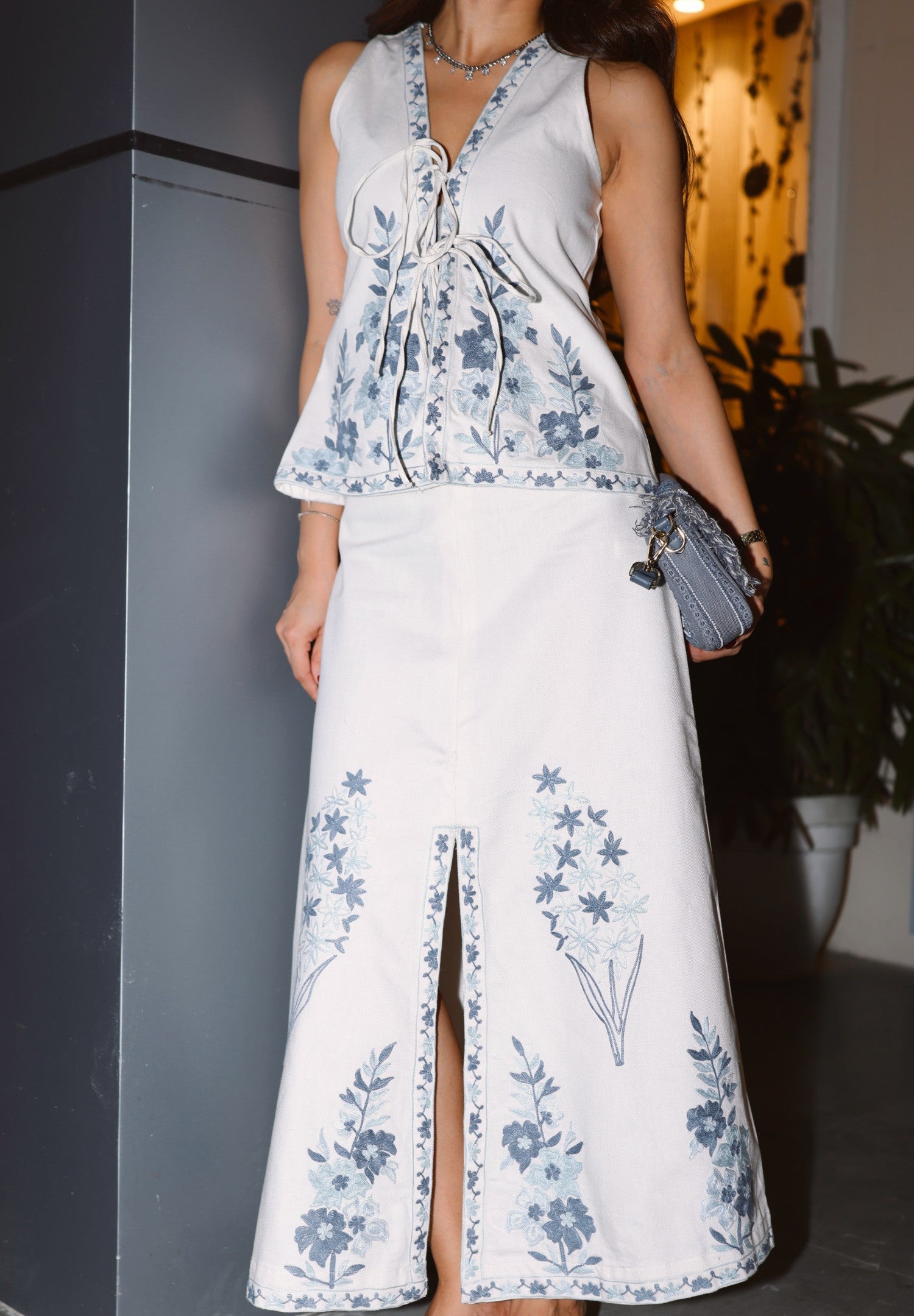 Aari Embroidered Tie Top & Skirt Coord Set