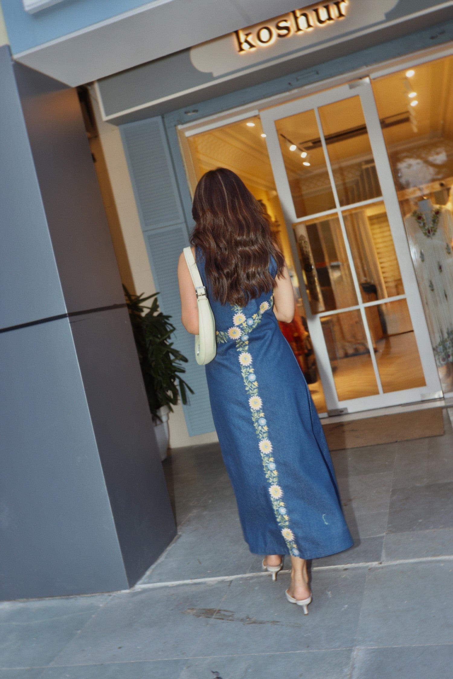 Aari Embroidered Denim Maxi