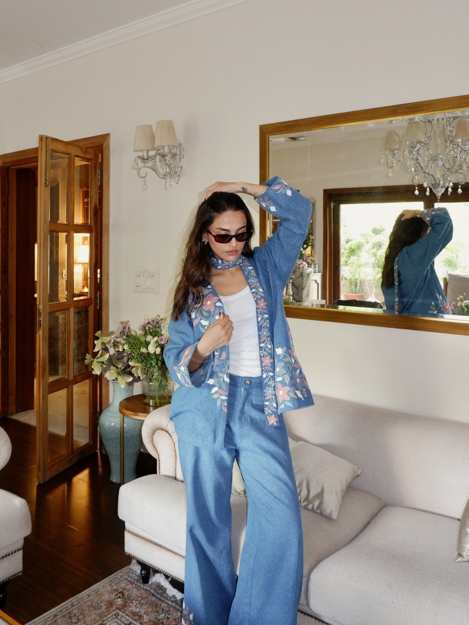 Aari Embroidered Denim Kimono Set