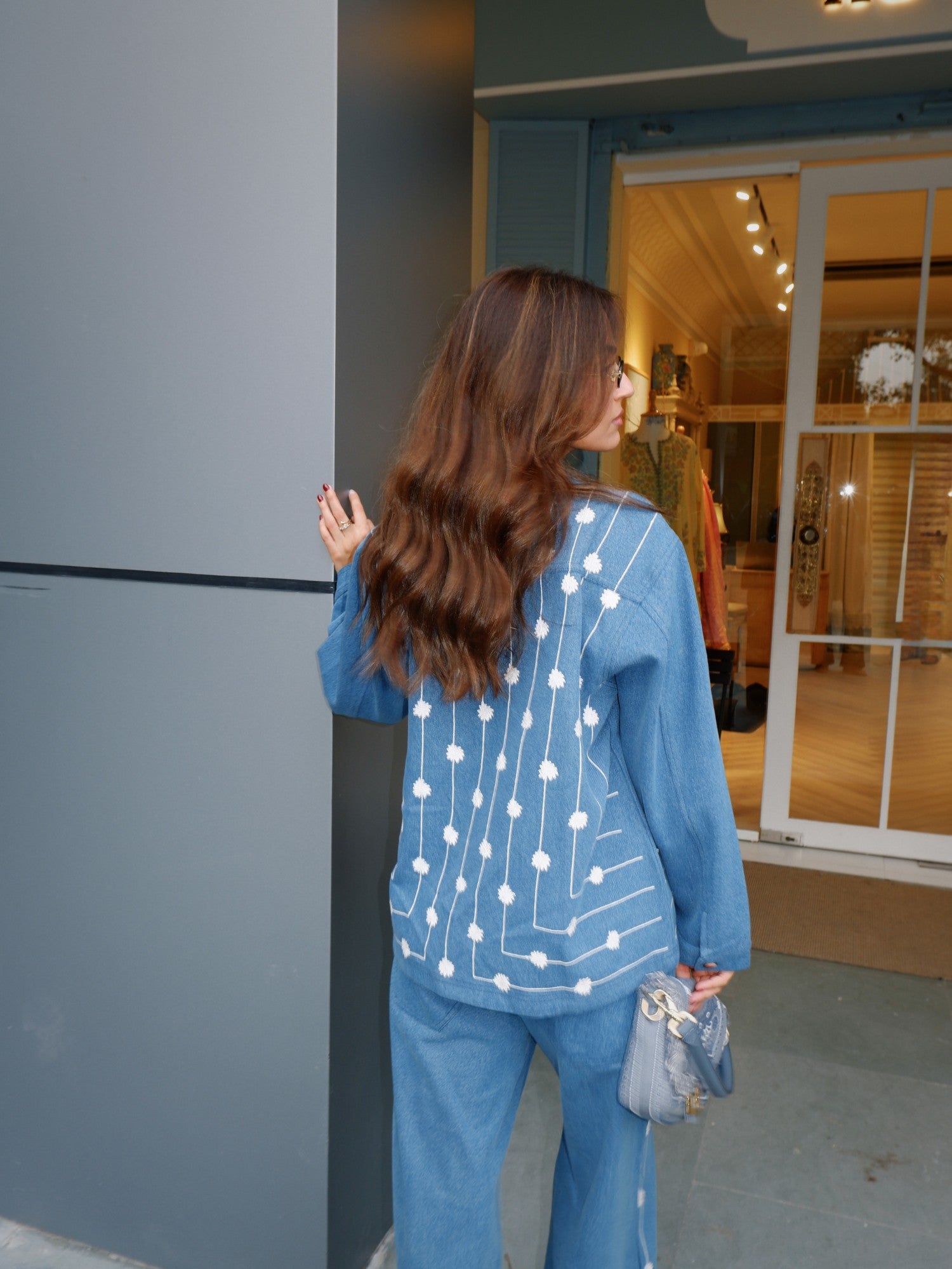 Aari Embroidered Denim Chinar Jacket Set