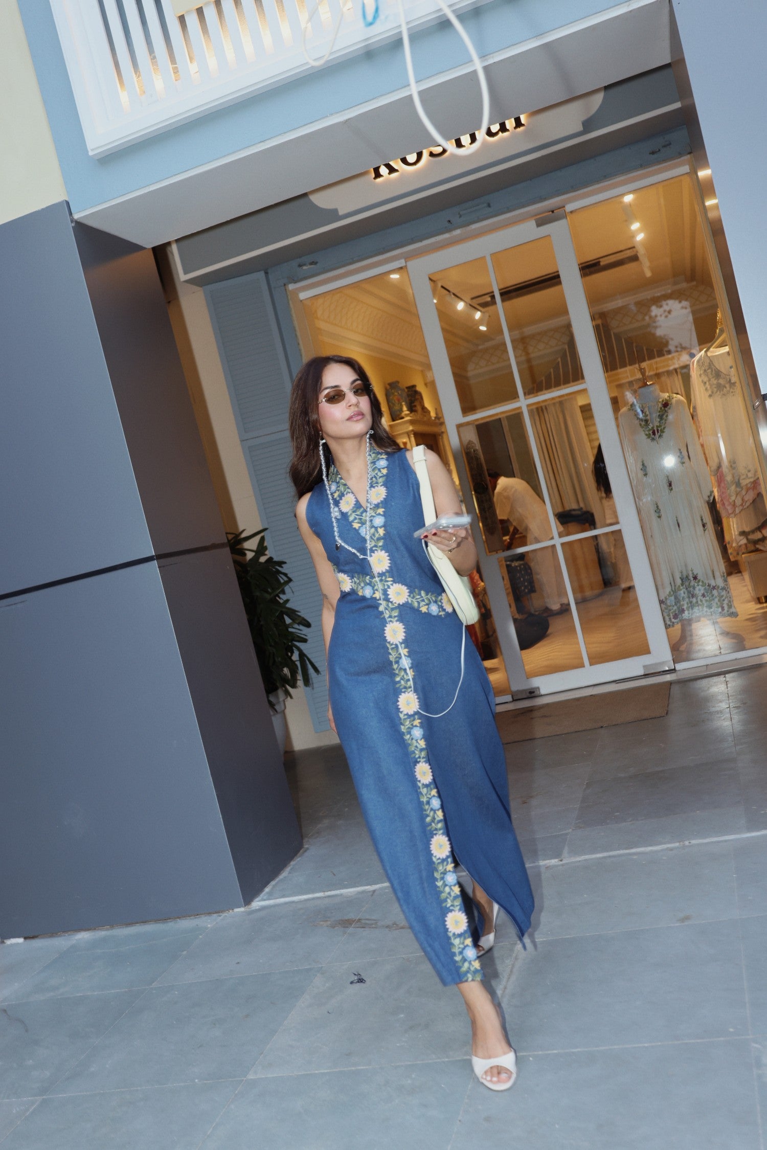 Aari Embroidered Denim Maxi