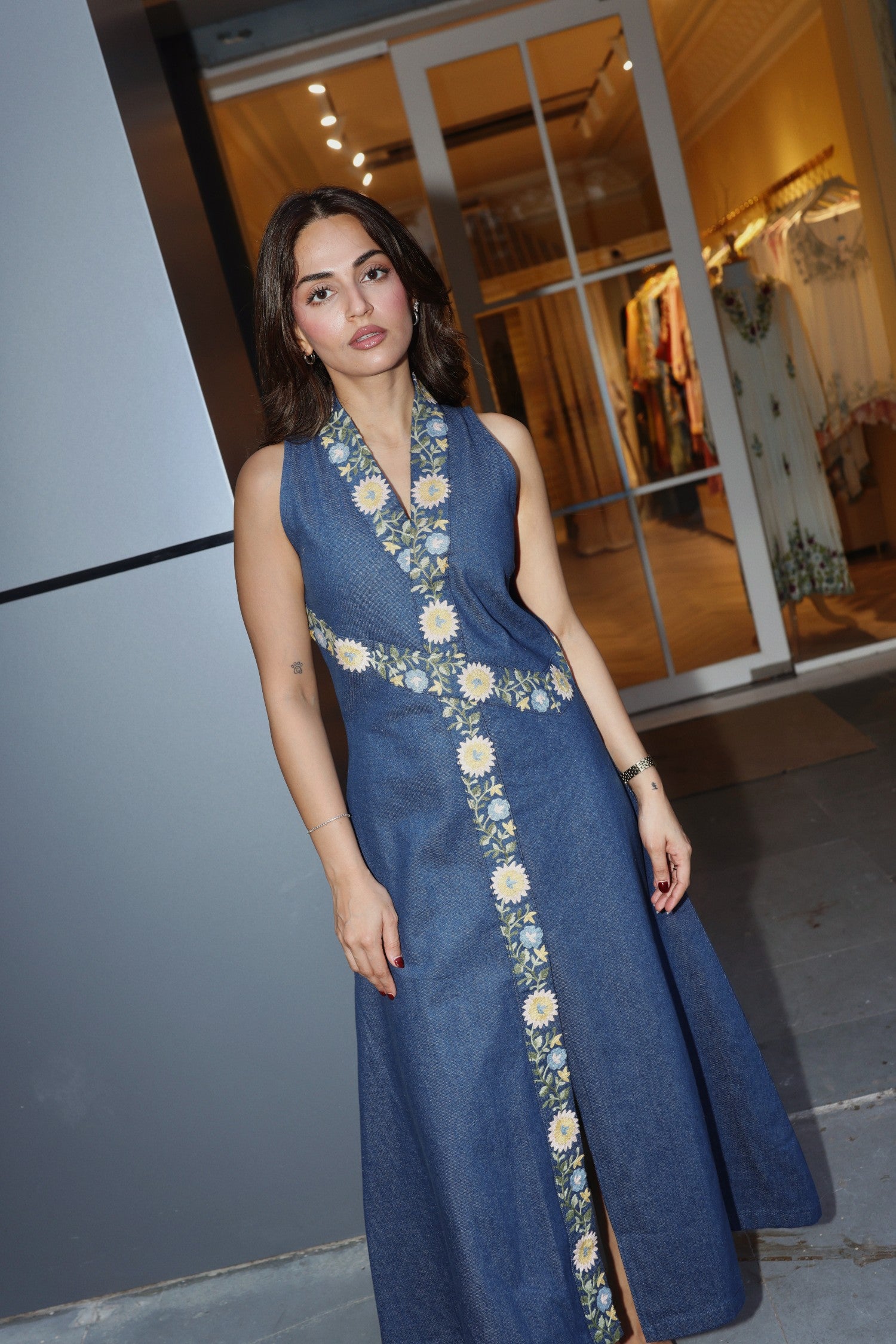 Aari Embroidered Denim Maxi