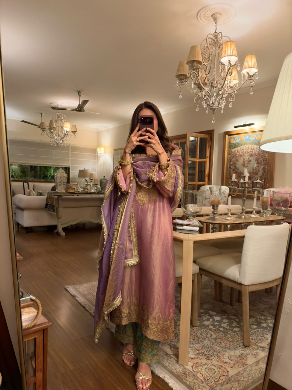 Mauve Pink Tissue Kurta Set with Green Pants and Purple Tissue Dupatta