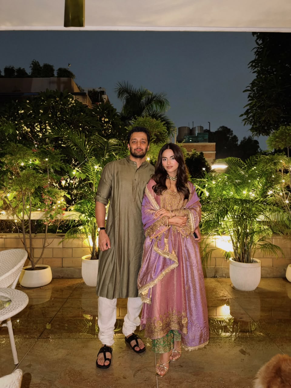 Mauve Pink Tissue Kurta Set with Green Pants and Purple Tissue Dupatta