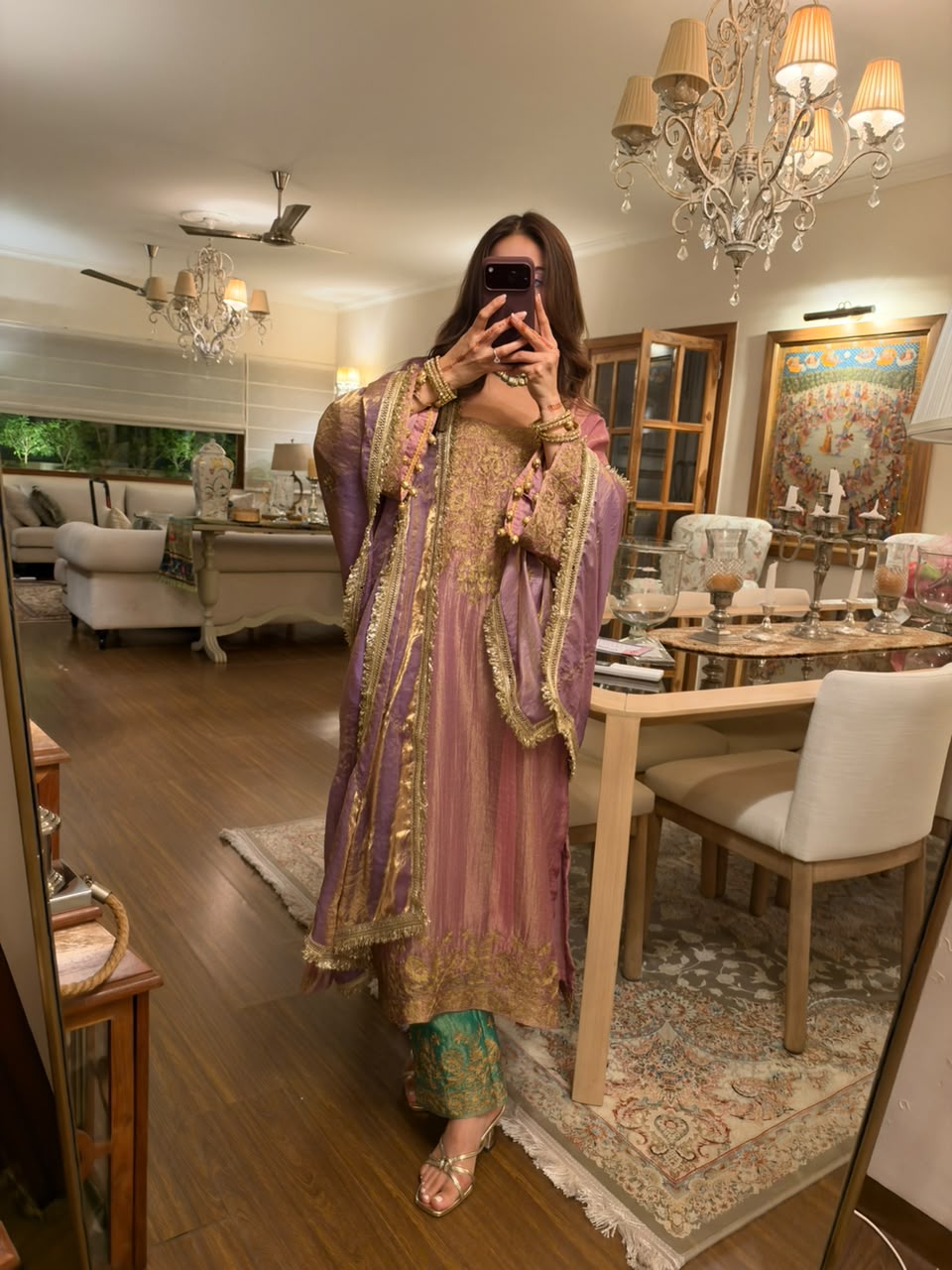 Mauve Pink Tissue Kurta Set with Green Pants and Purple Tissue Dupatta