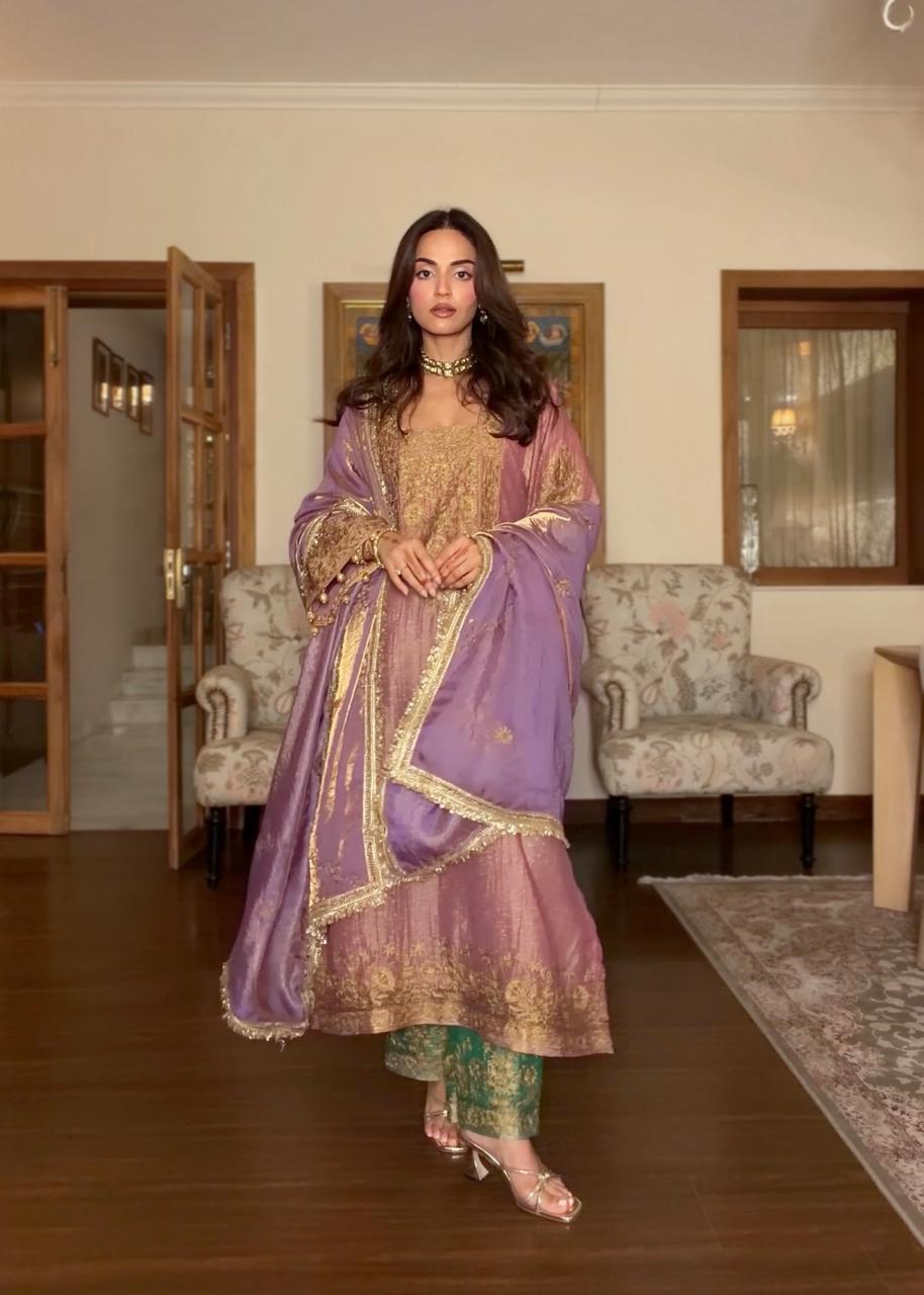 Mauve Pink Tissue Kurta Set with Green Pants and Purple Tissue Dupatta