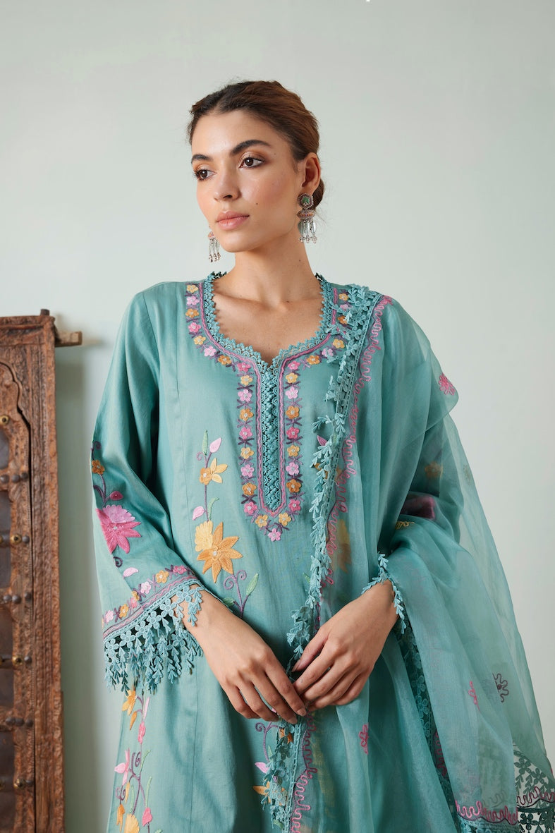 Buy Persian Green Kalidar Cotton Pheran Set for Ladies | Koshur India Buy Persian Green Kalidar Cotton Pheran Set for Ladies | Koshur India