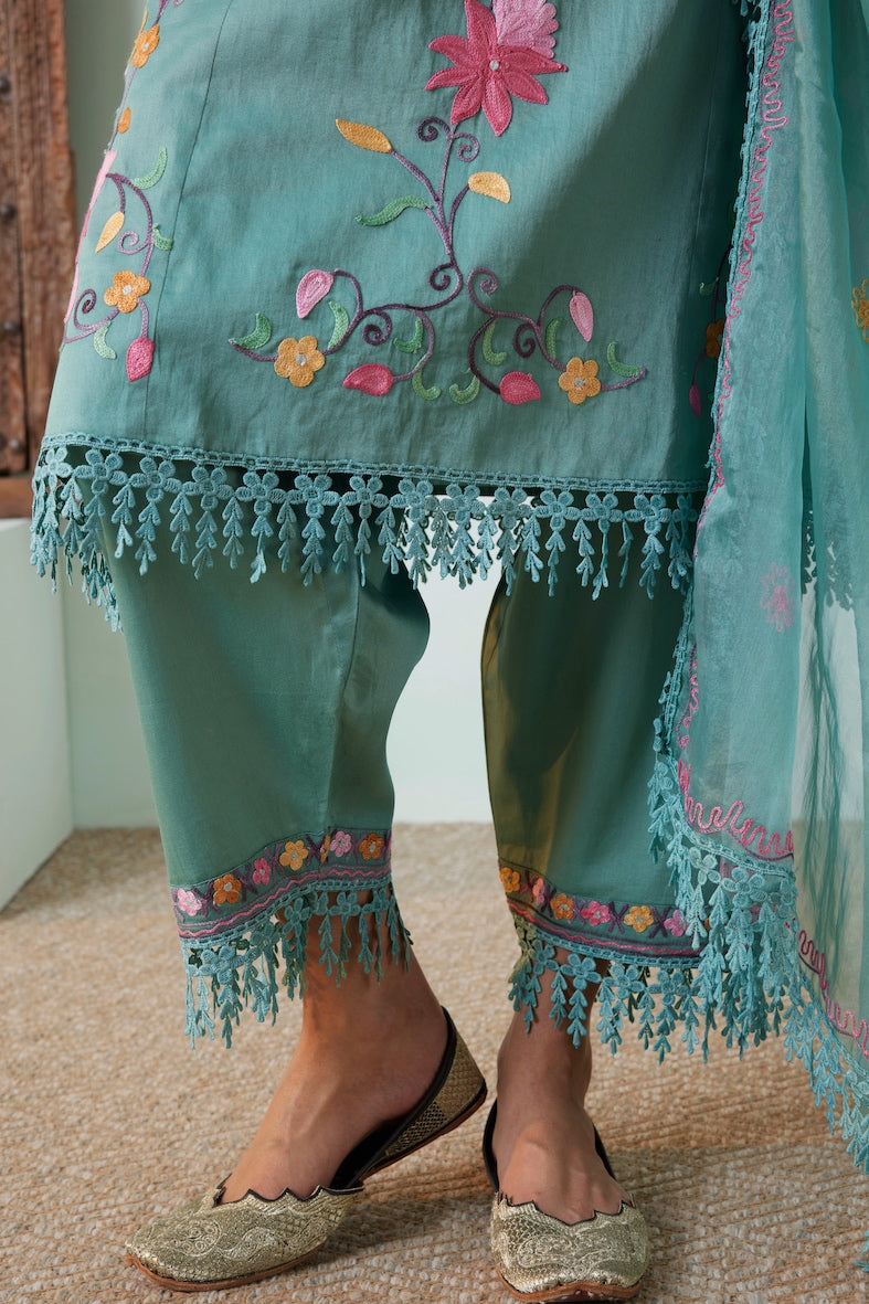 Persian Green Kalidar Cotton Pheran Set