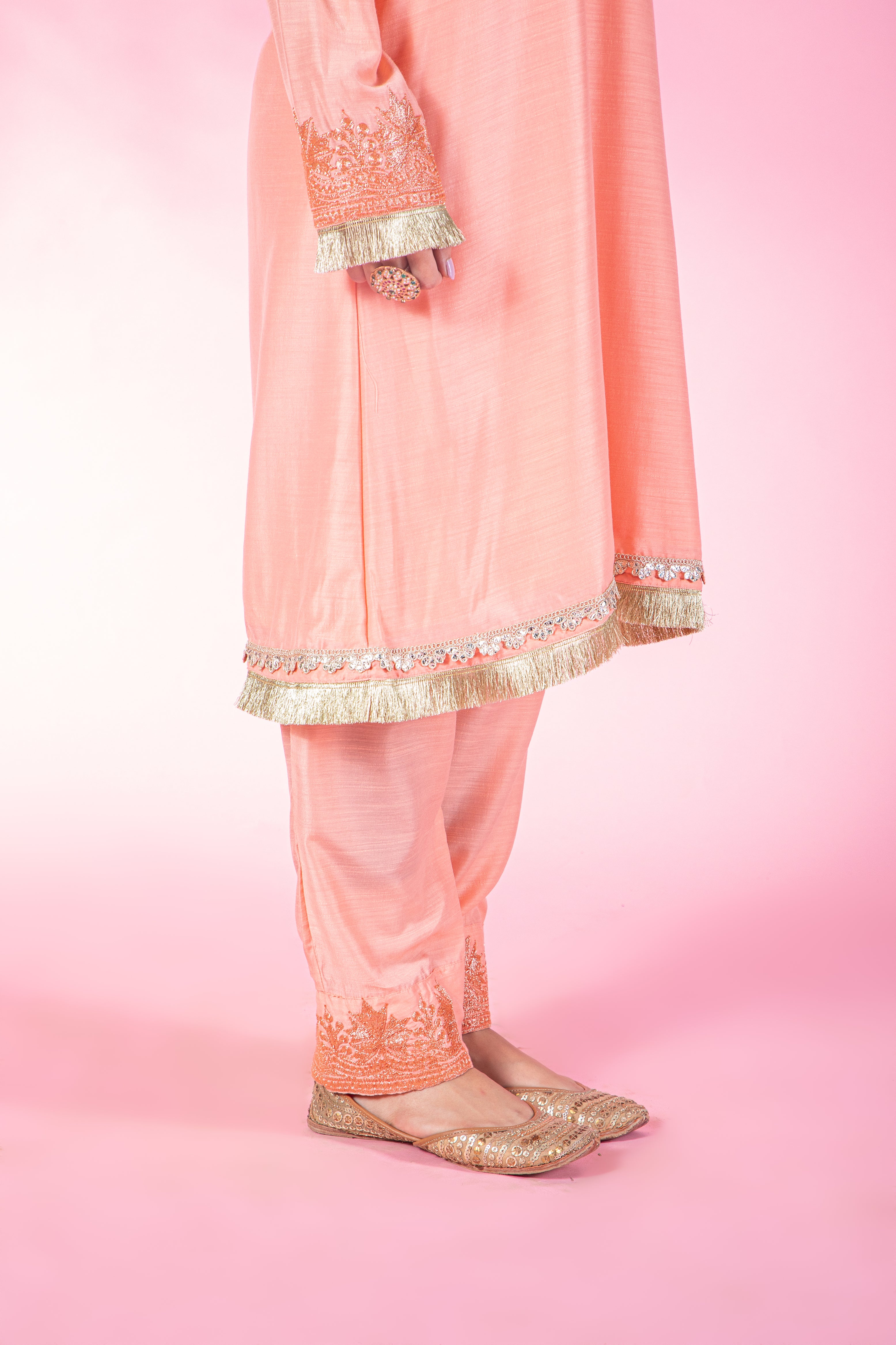Resham Peach Silk Kurta Set With Straight Pants