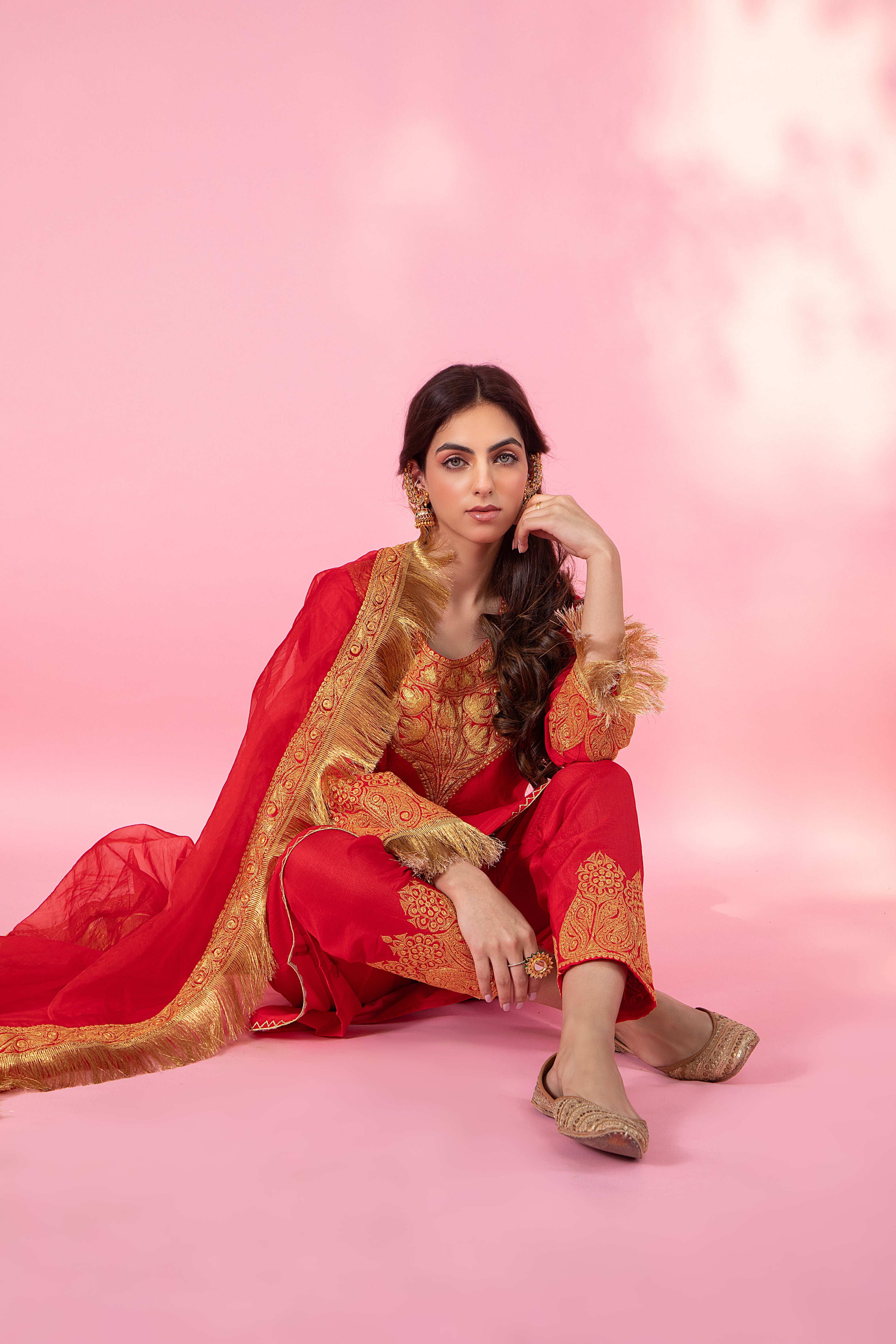 Resham Red Silk Kurta Set With Salwar