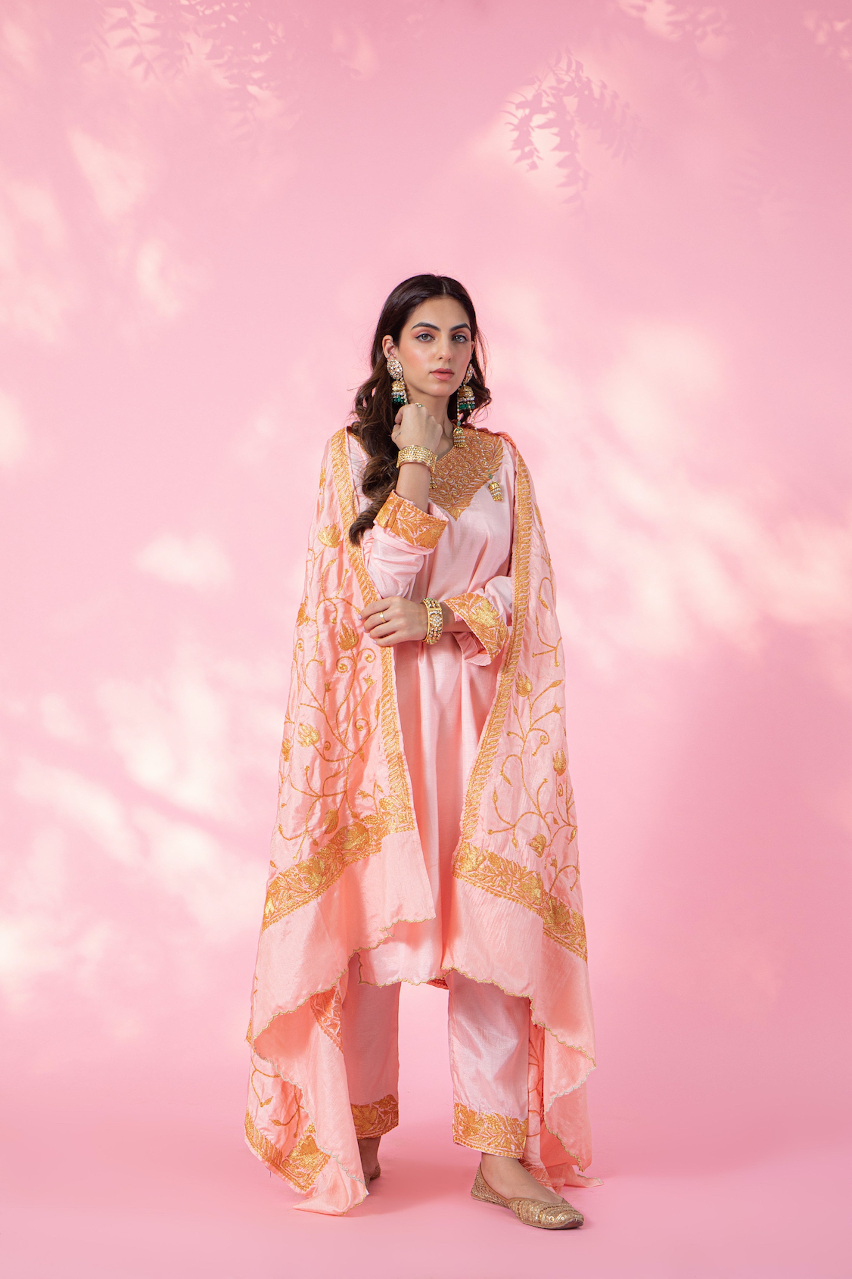 Resham Pink Silk Kurta Set With Straight Pants