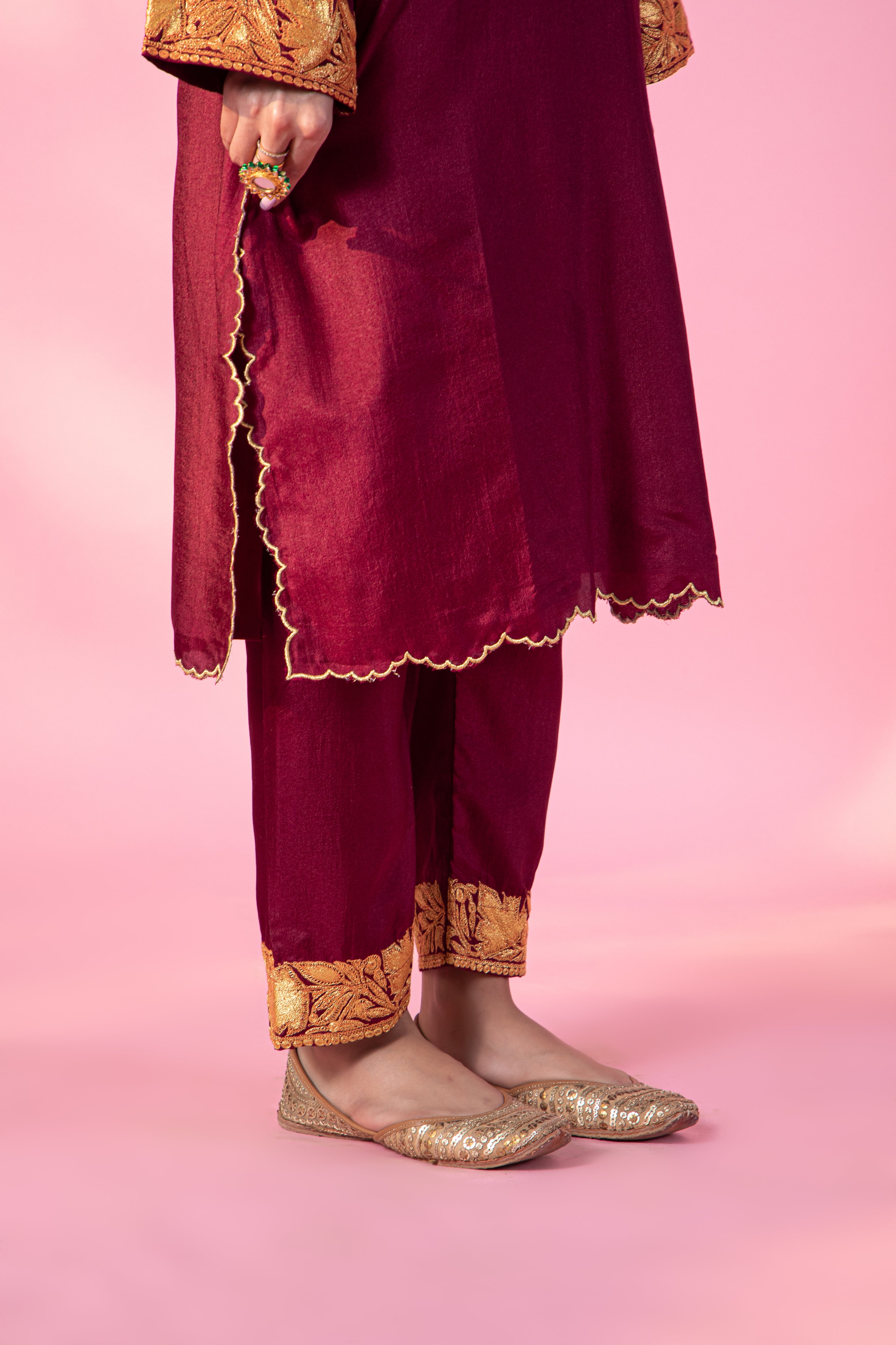 Resham Burgundy Silk Kurta Set With Straight Pants