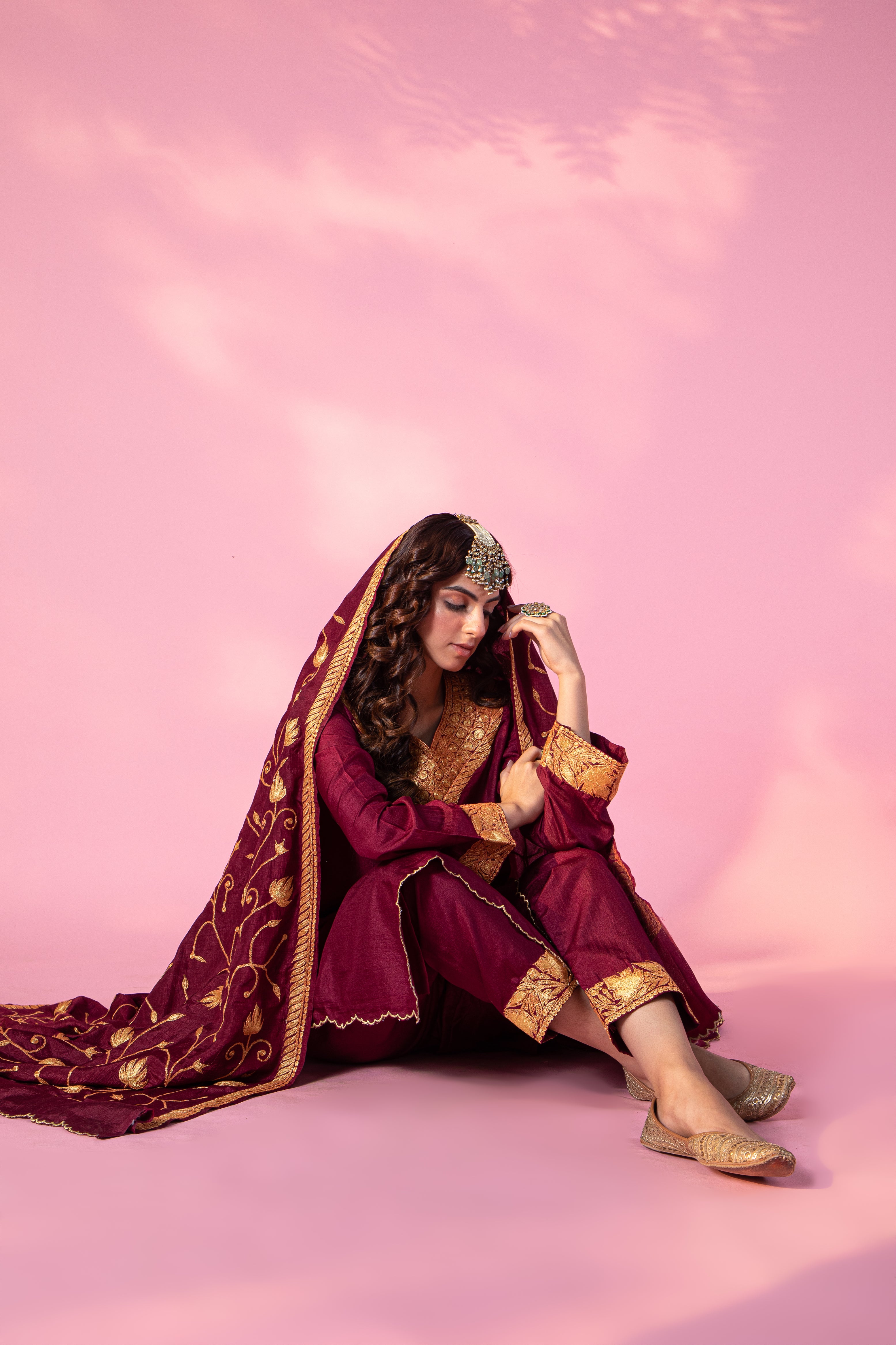 Resham Burgundy Silk Kurta Set With Straight Pants